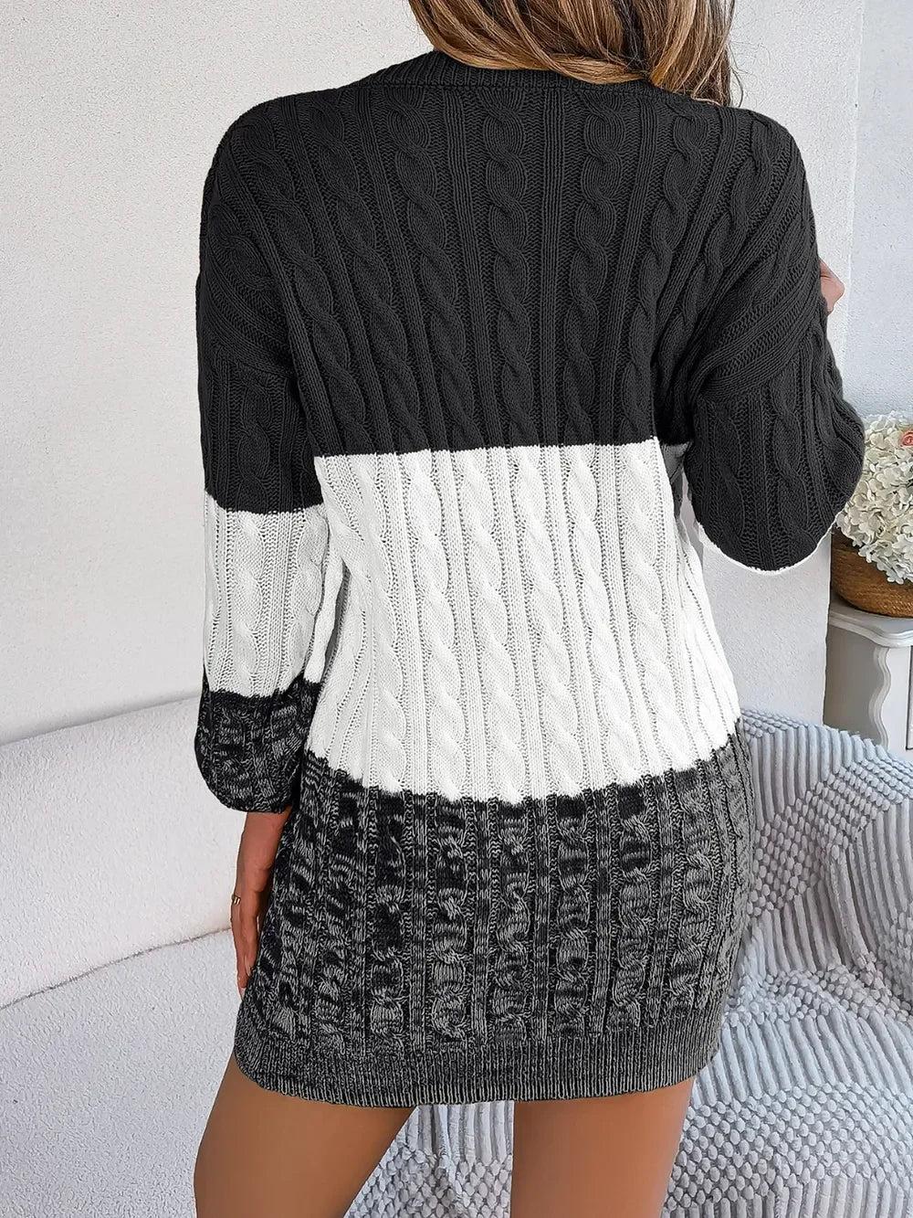 Cable-Knit Round Neck Color Block Sweater Dress - tif-shop24.de
