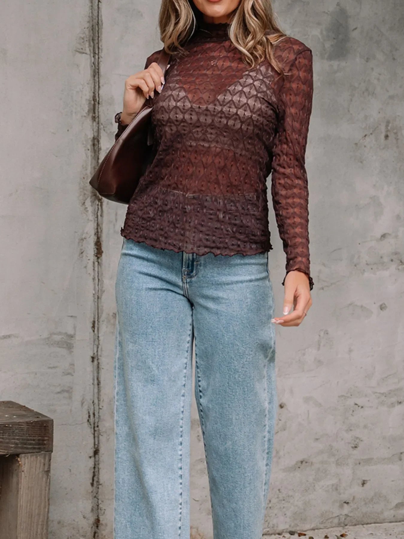 Sheer Mesh Patterned Lettuce Trim Slim Long Sleeve Top - tif-shop24.de