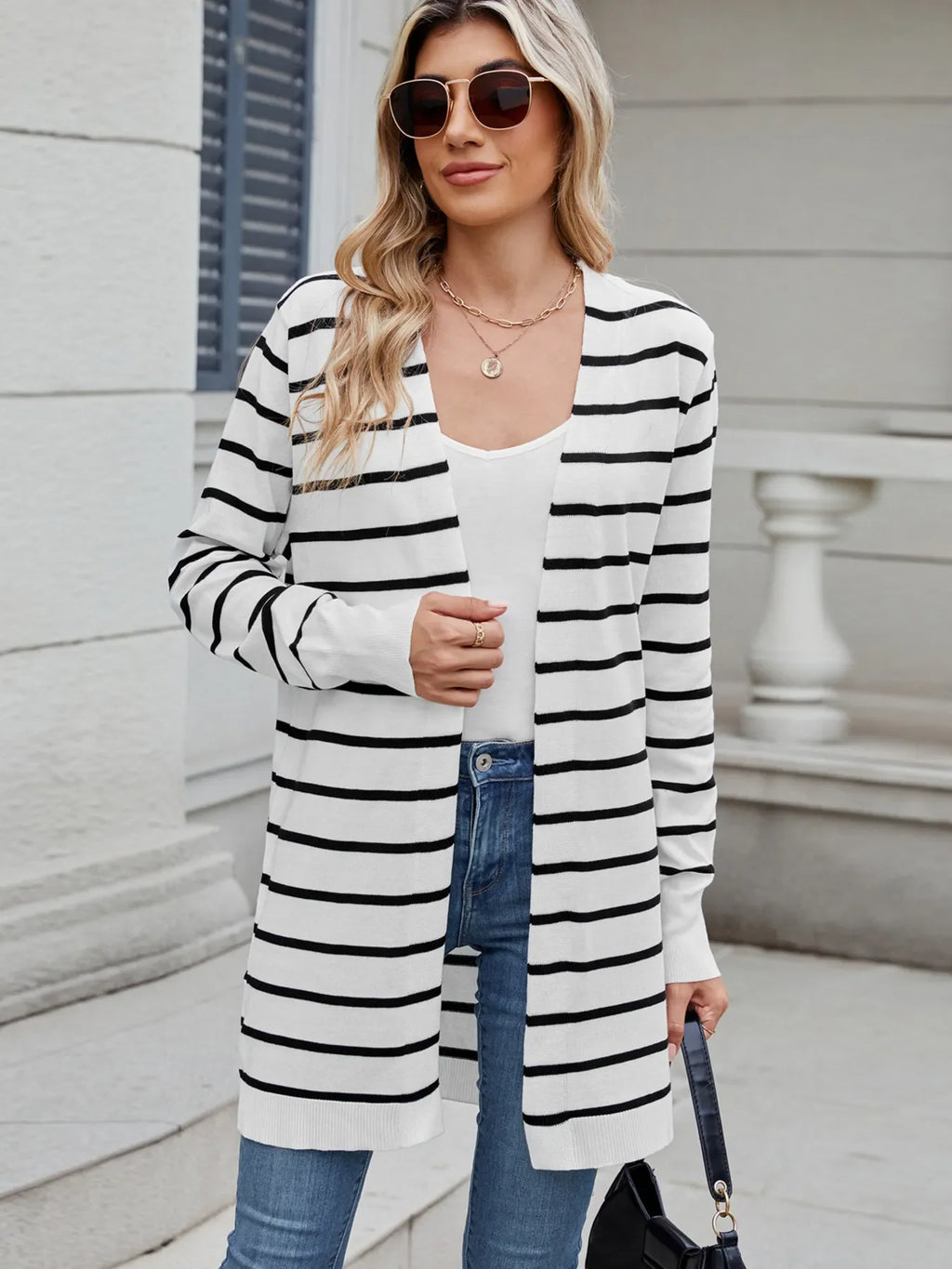Striped Open Front Cardigan with Relaxed Fit - tif-shop24.de
