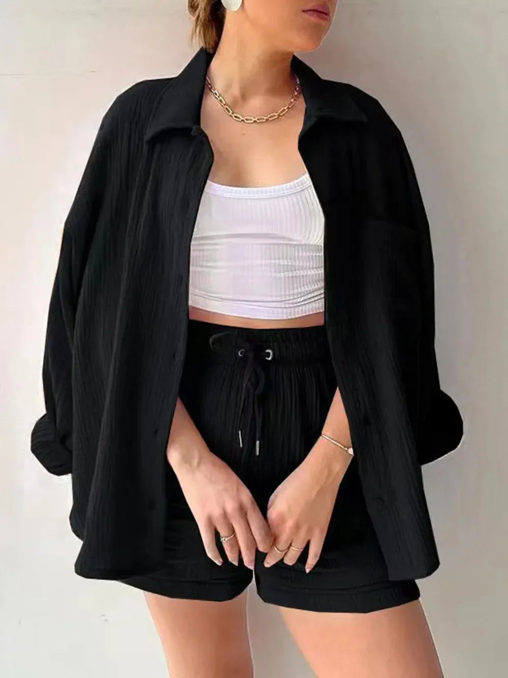 Texture Button Up Shirt and Drawstring Shorts Set - tif-shop24.de