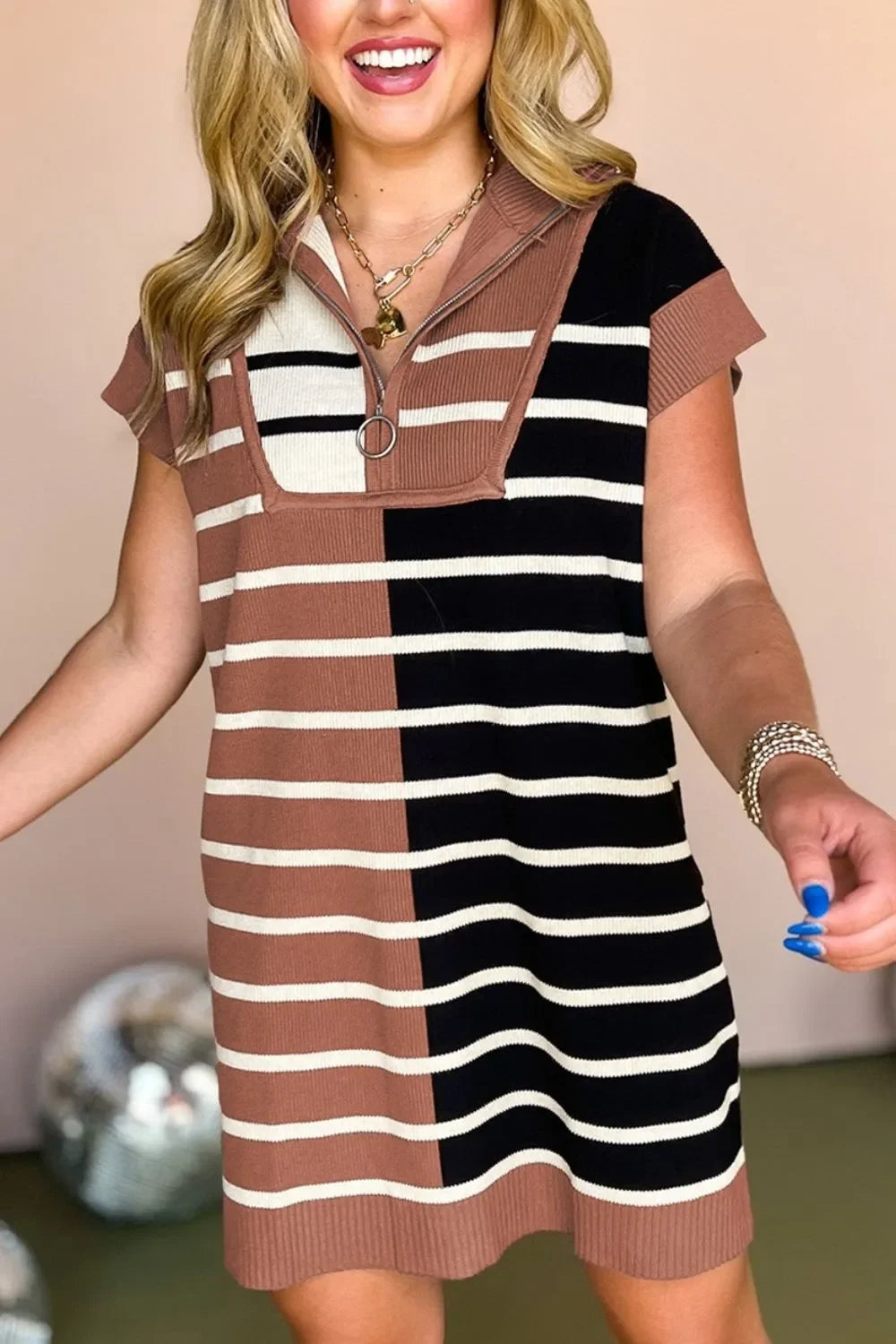 Striped Quarter Zip Cap Sleeve Sweater Dress - tif-shop24.de
