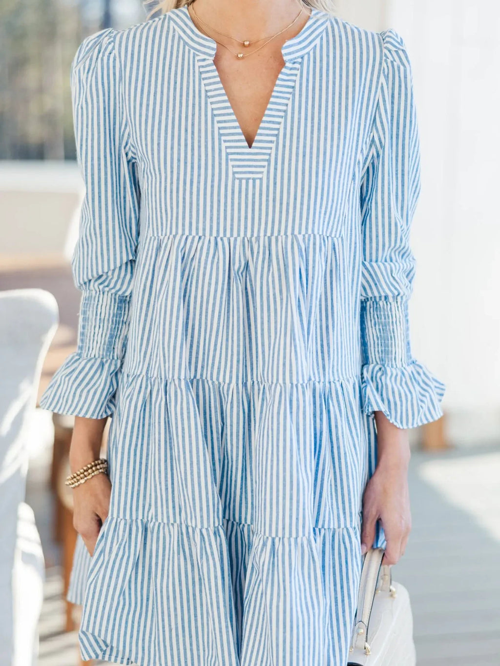 Striped Tiered Flounce Sleeve Shirt Dress - tif-shop24.de