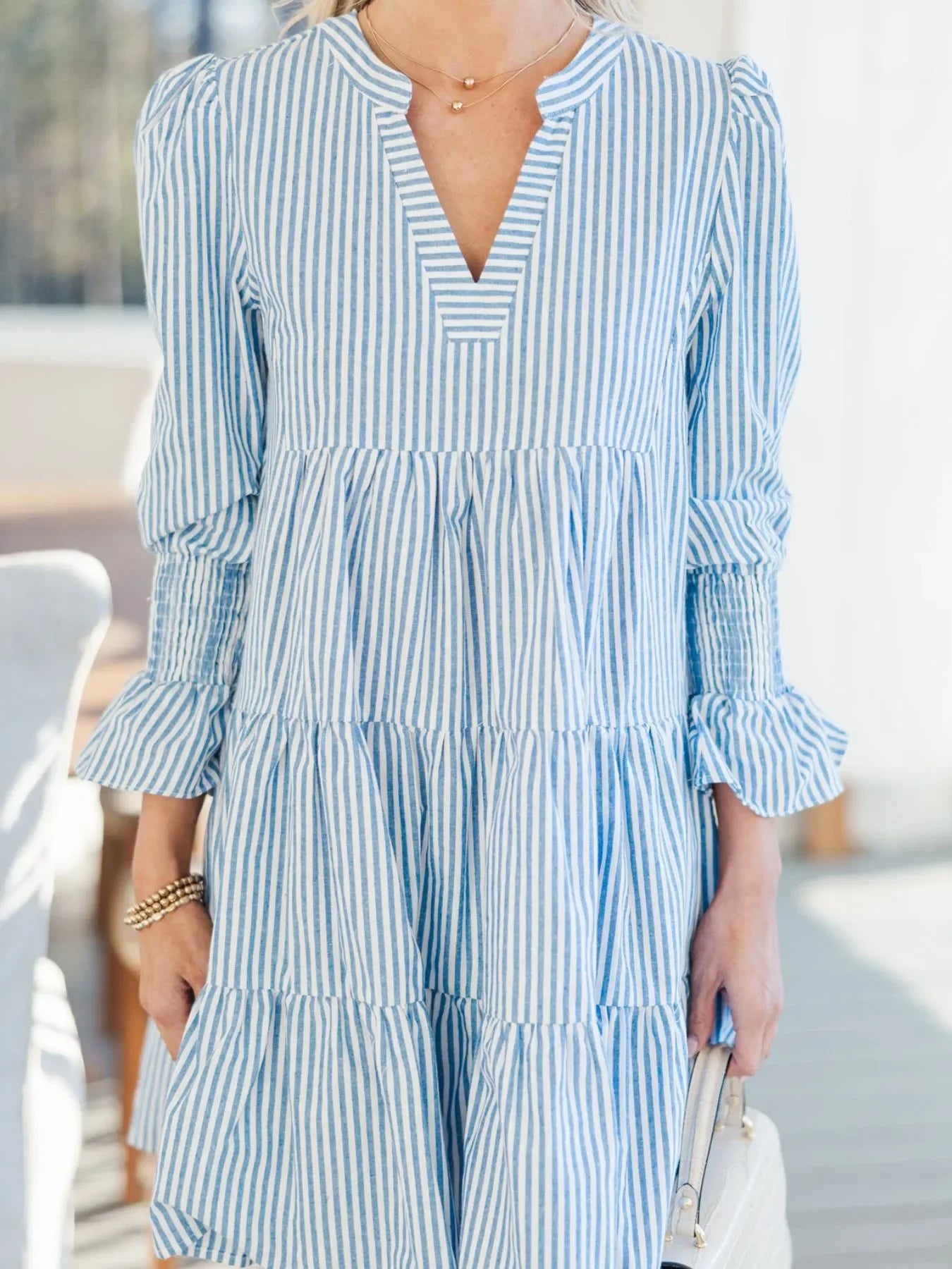 Striped Tiered Flounce Sleeve Shirt Dress - tif-shop24.de