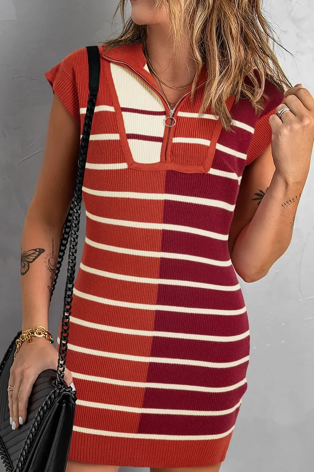 Striped Quarter Zip Cap Sleeve Sweater Dress - tif-shop24.de