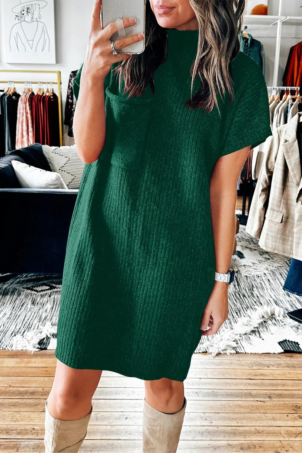 Mock Neck Short Sleeve Sweater Dress - tif-shop24.de