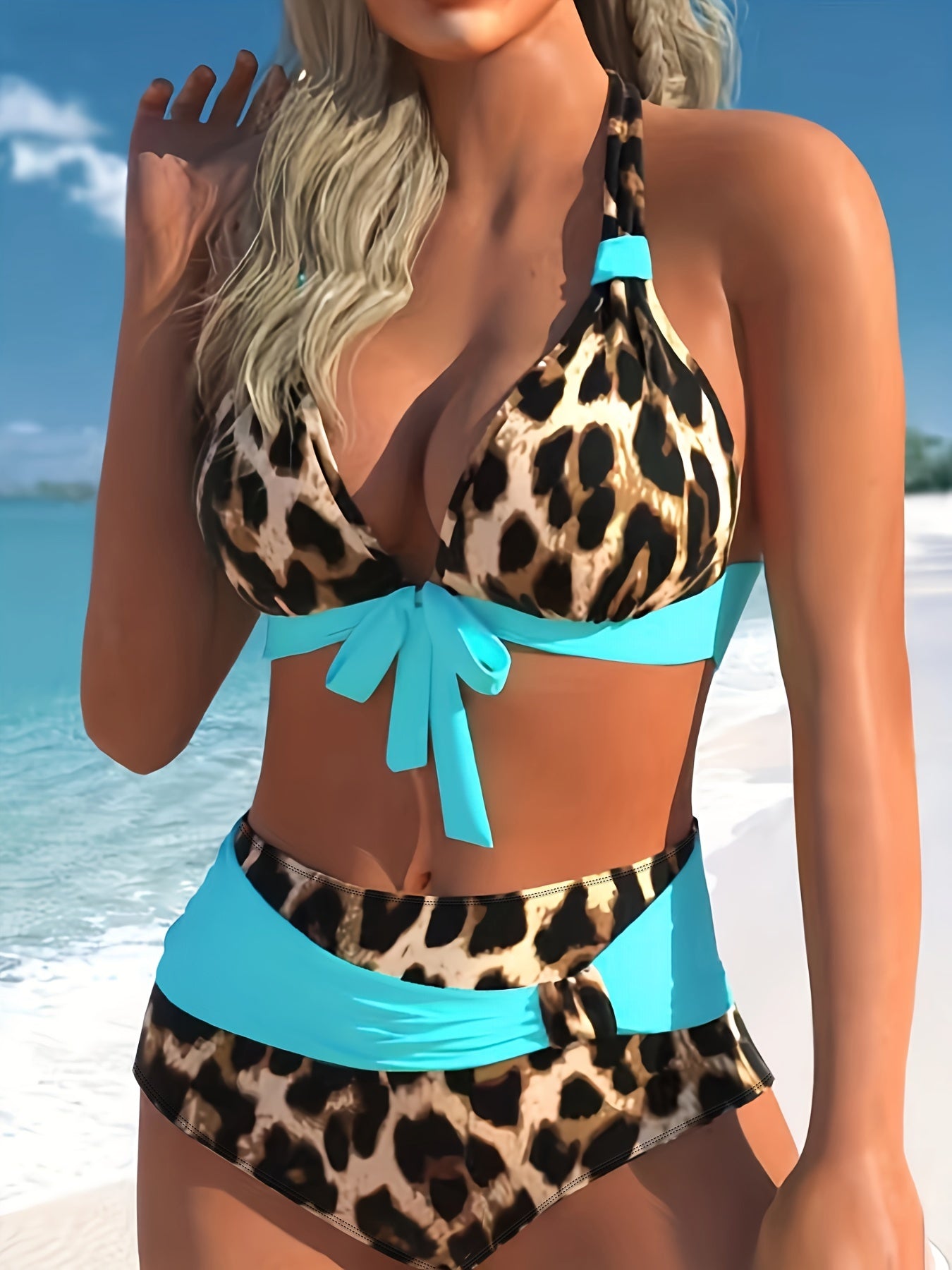 Leopard Print Ring Gürtel Dekor 2 Stück Set Bikini, Bowknot Patchwork Stretchy High Waist Badeanzüge