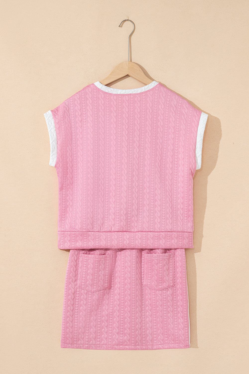 Pink Contrast Trim Textured Crewneck Top and Pocketed Skirt Set