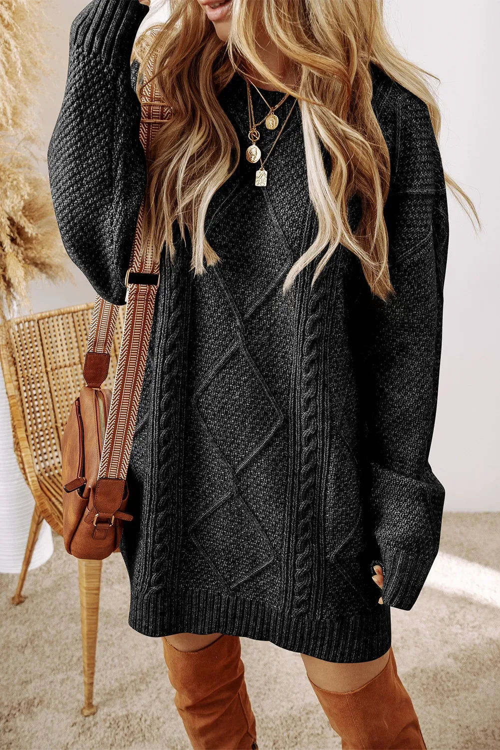 Cable-Knit Round Neck Sweater Dress - tif-shop24.de