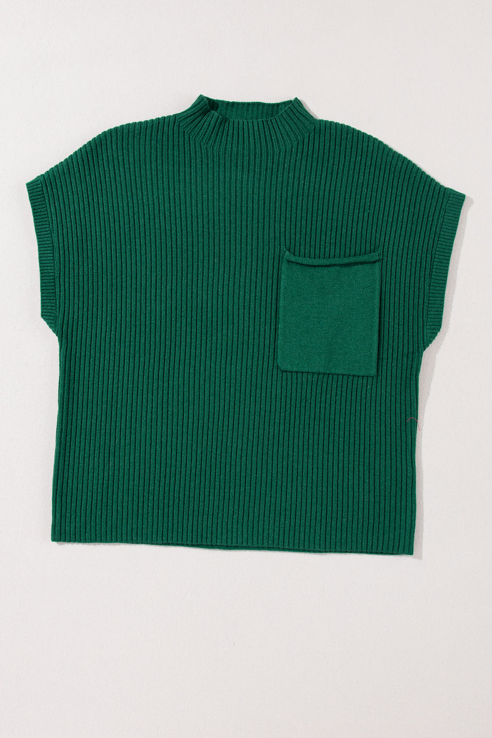 Green Patch Pocket Ribbed Knit Short Sleeve Sweater