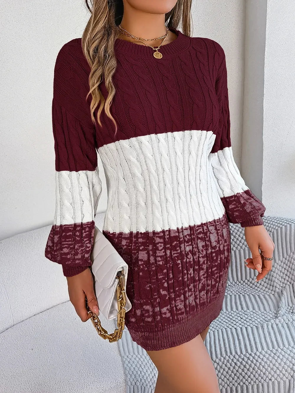 Cable-Knit Round Neck Color Block Sweater Dress - tif-shop24.de