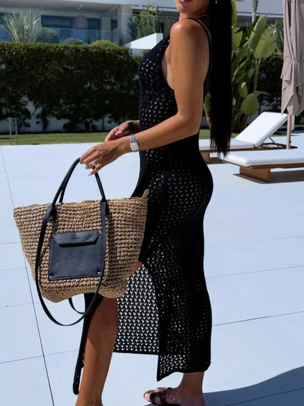 Openwork Slit Scoop Neck Sweater Dress - tif-shop24.de