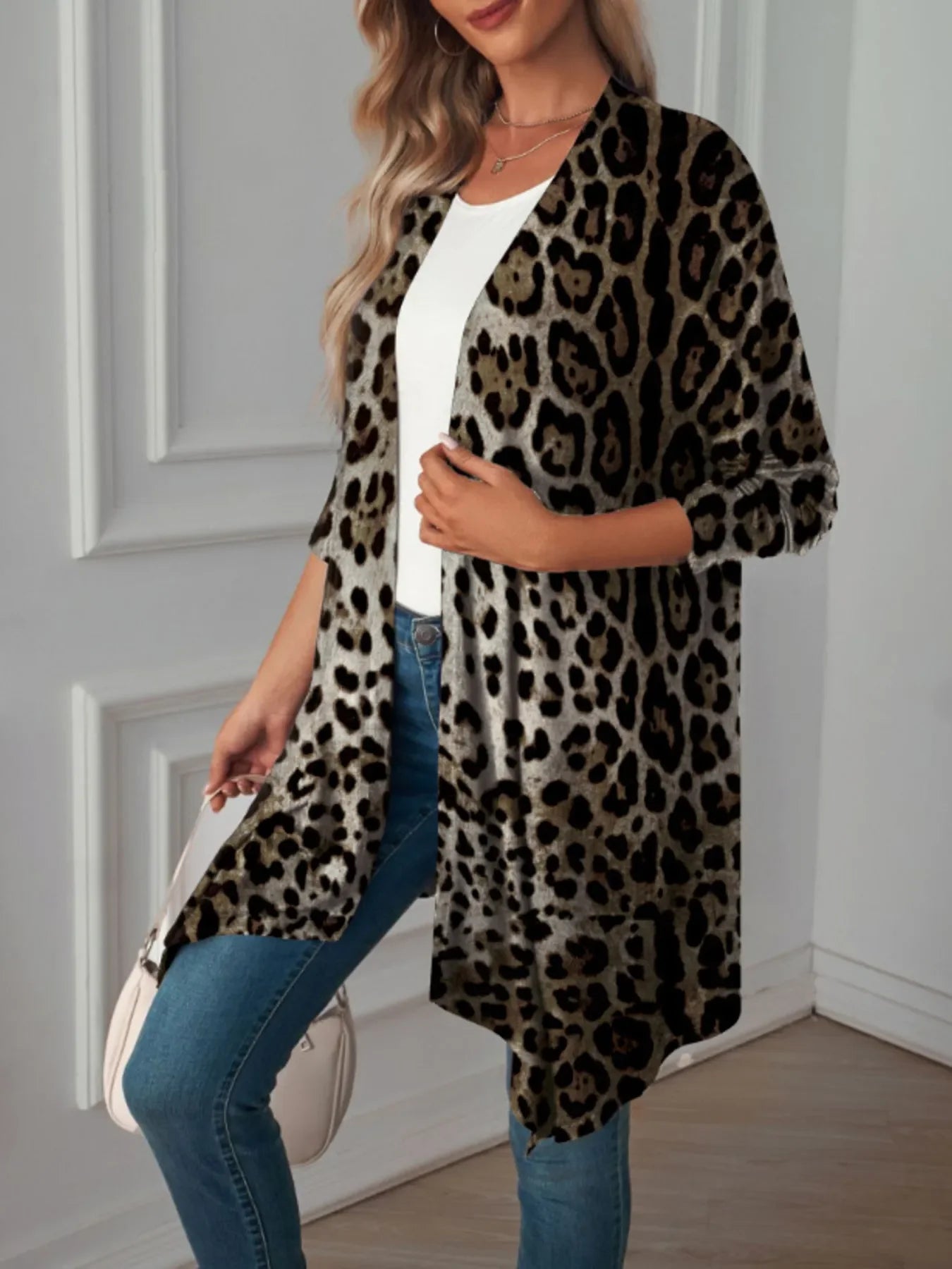 Leopard Print Long Open Front Cardigan - tif-shop24.de