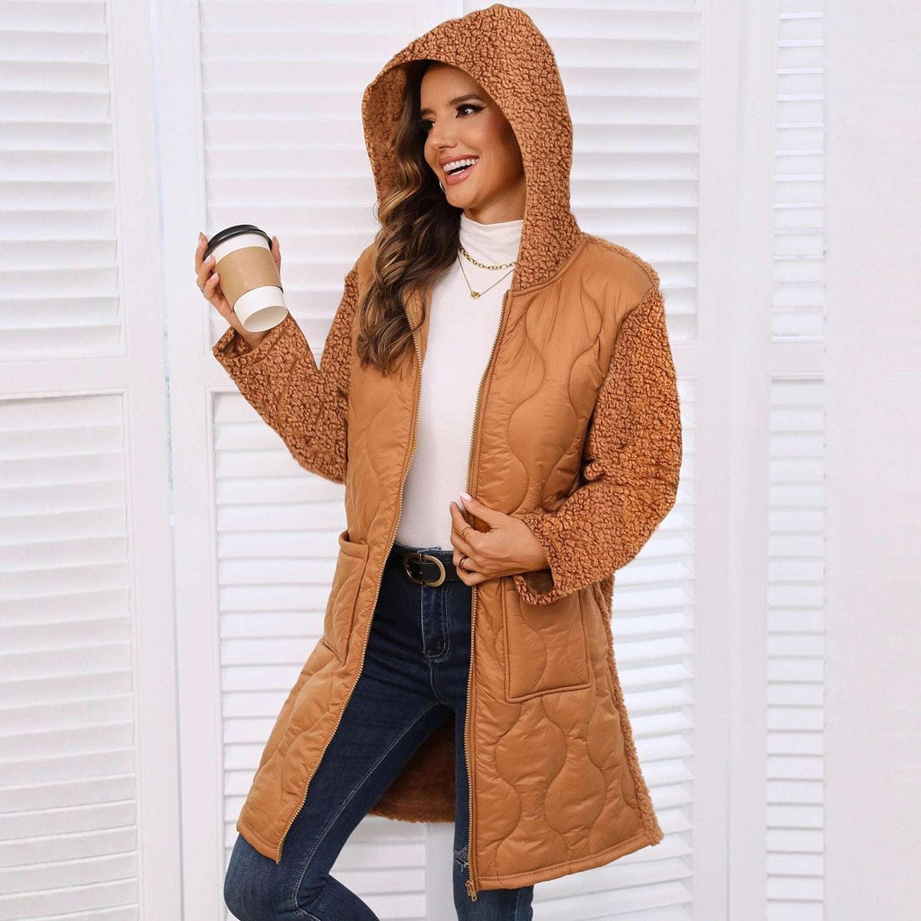 Autumn And Winter New European And American Loose Hooded Long Zipper Stitching Plush Coat - tif-shop24.de