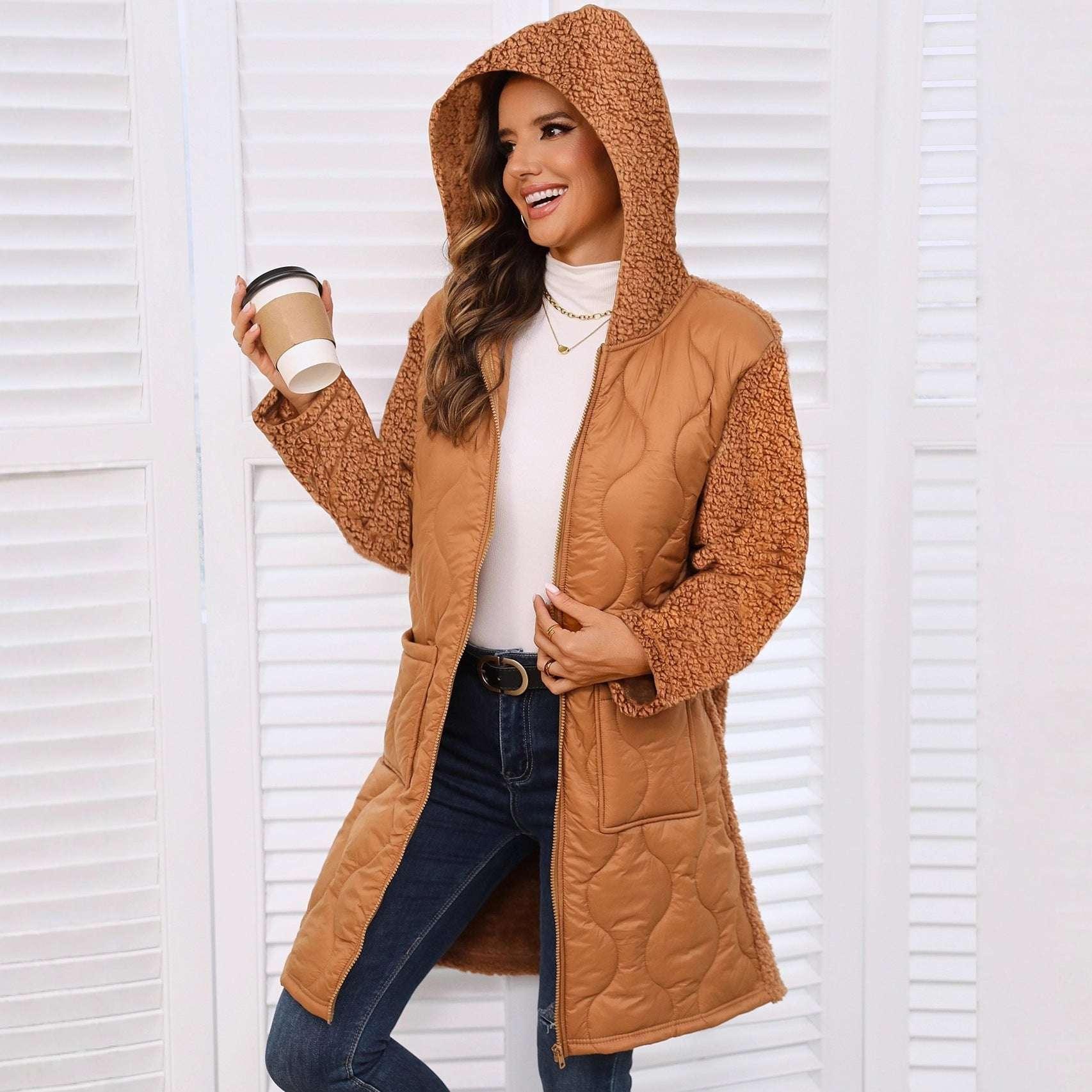 Autumn And Winter New European And American Loose Hooded Long Zipper Stitching Plush Coat - tif-shop24.de