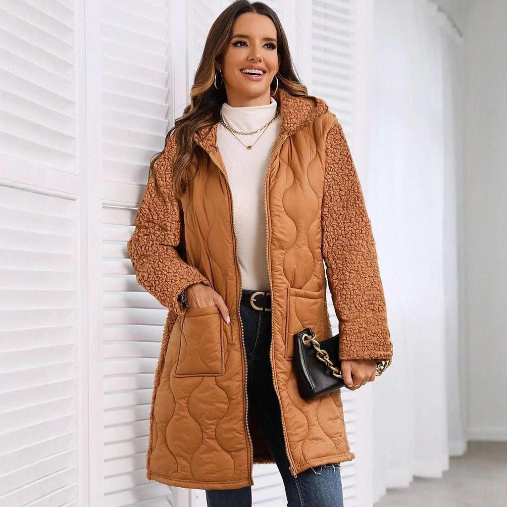 Autumn And Winter New European And American Loose Hooded Long Zipper Stitching Plush Coat - tif-shop24.de