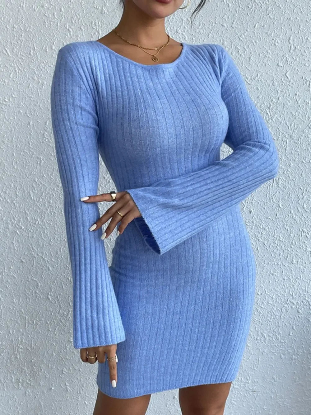 Backless Round Neck Long Sleeve Sweater Dress - tif-shop24.de