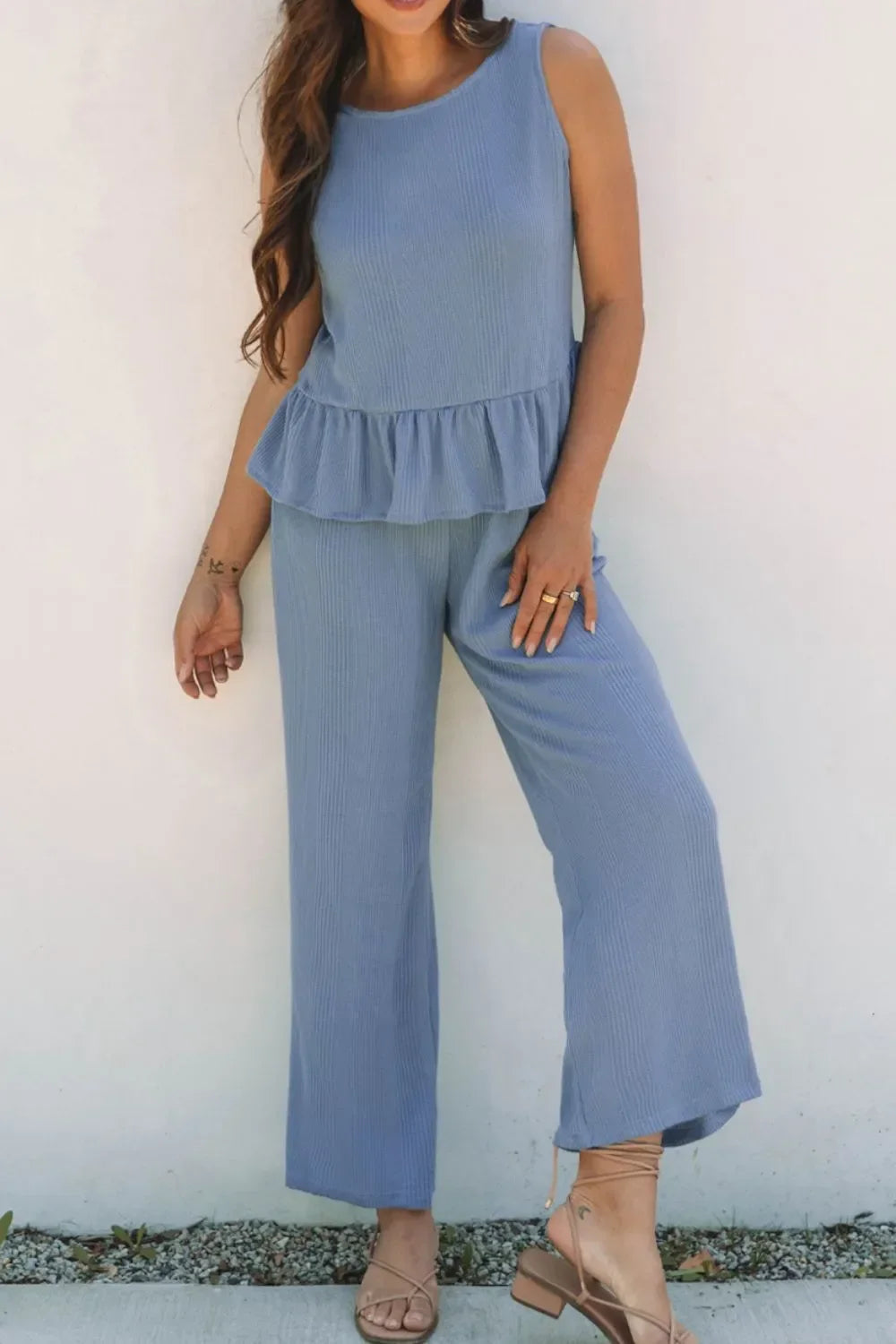 Color Ribbed Ruffle Tank Top and Pants Set - tif-shop24.de