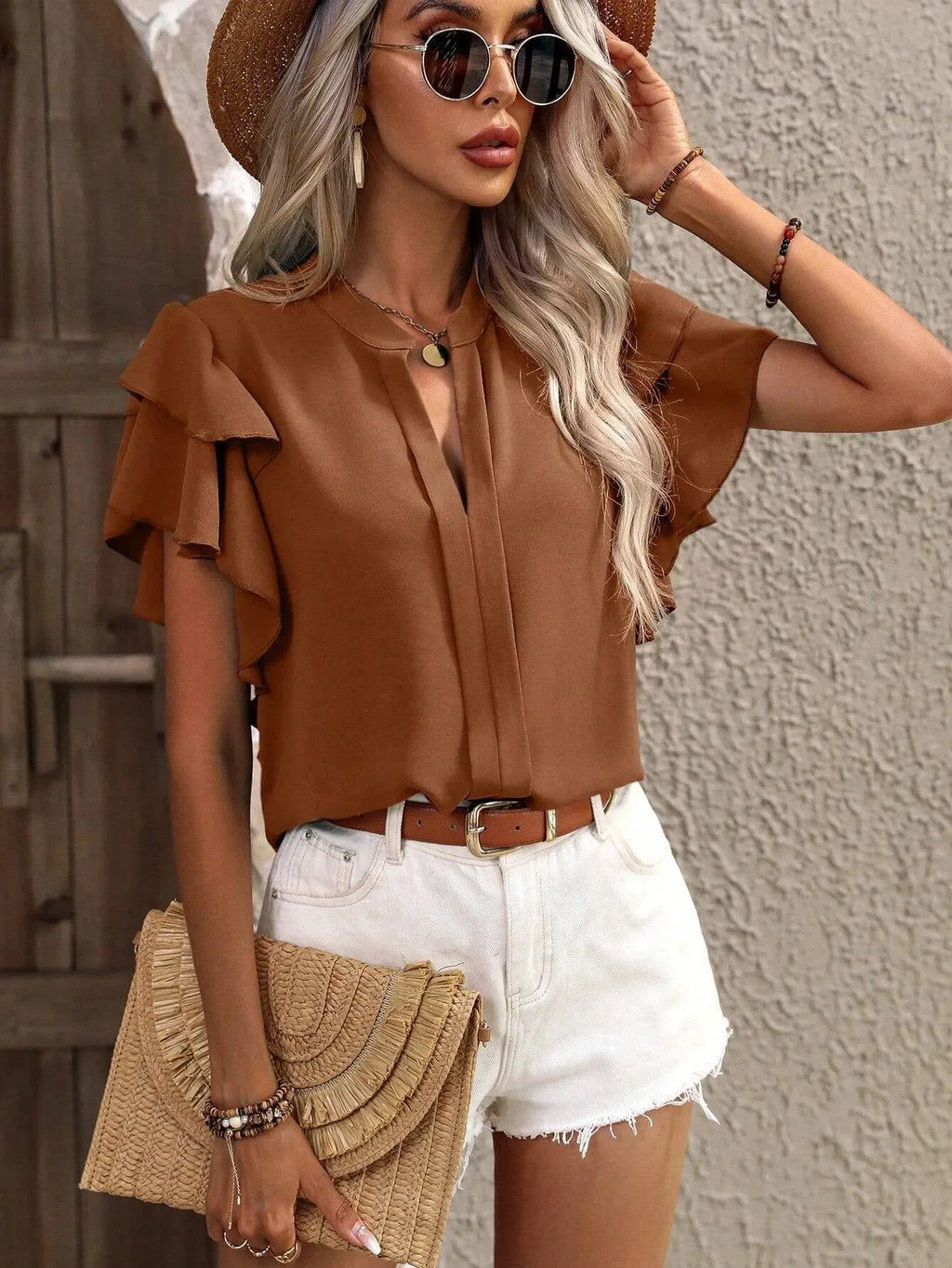 Ruffle Sleeve Notched Blouse - tif-shop24.de