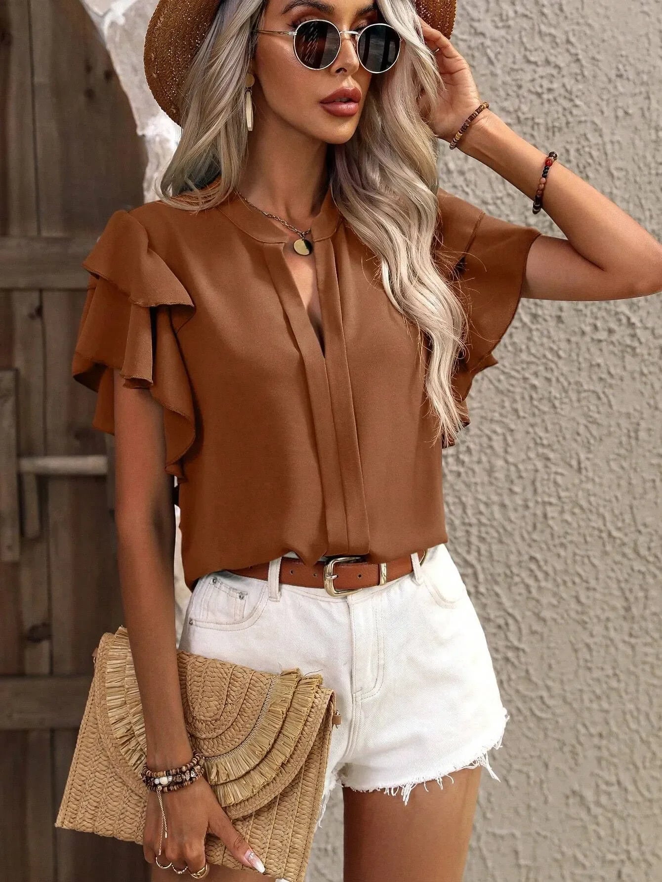 Ruffle Sleeve Notched Blouse - tif-shop24.de