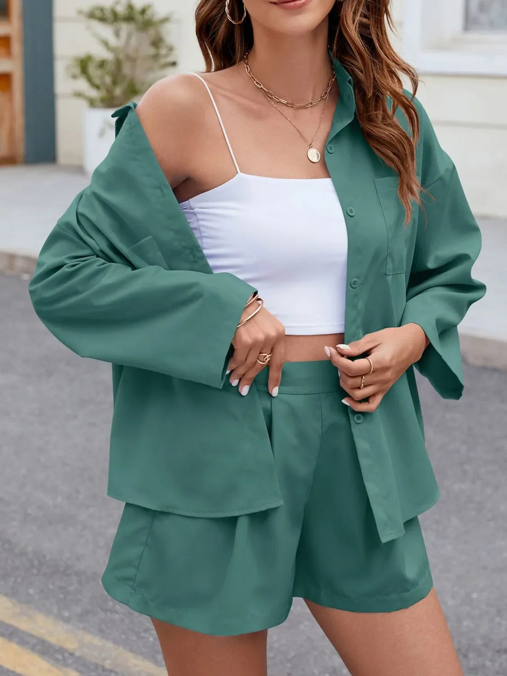 Button Up Long Sleeve Top and Shorts Set - tif-shop24.de