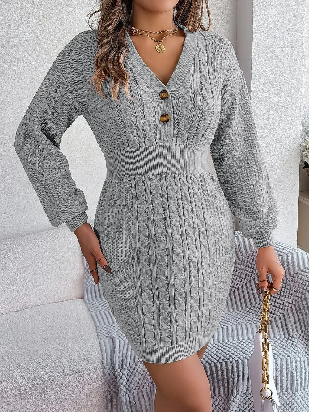 Buttoned Cable-Knit V-Neck Sweater Dress - tif-shop24.de