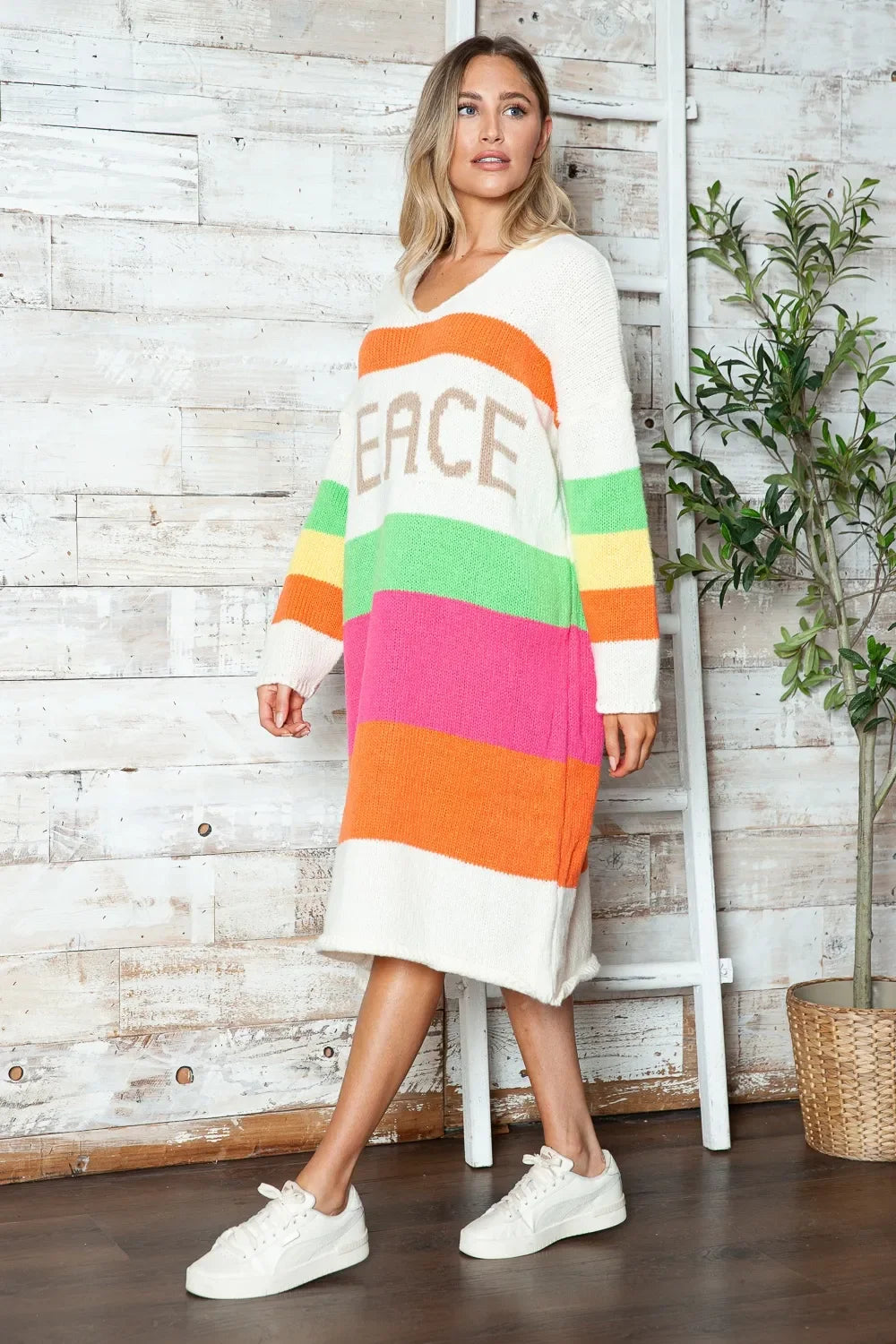 Color Block V-Neck Long Sleeve Sweater Dress - tif-shop24.de
