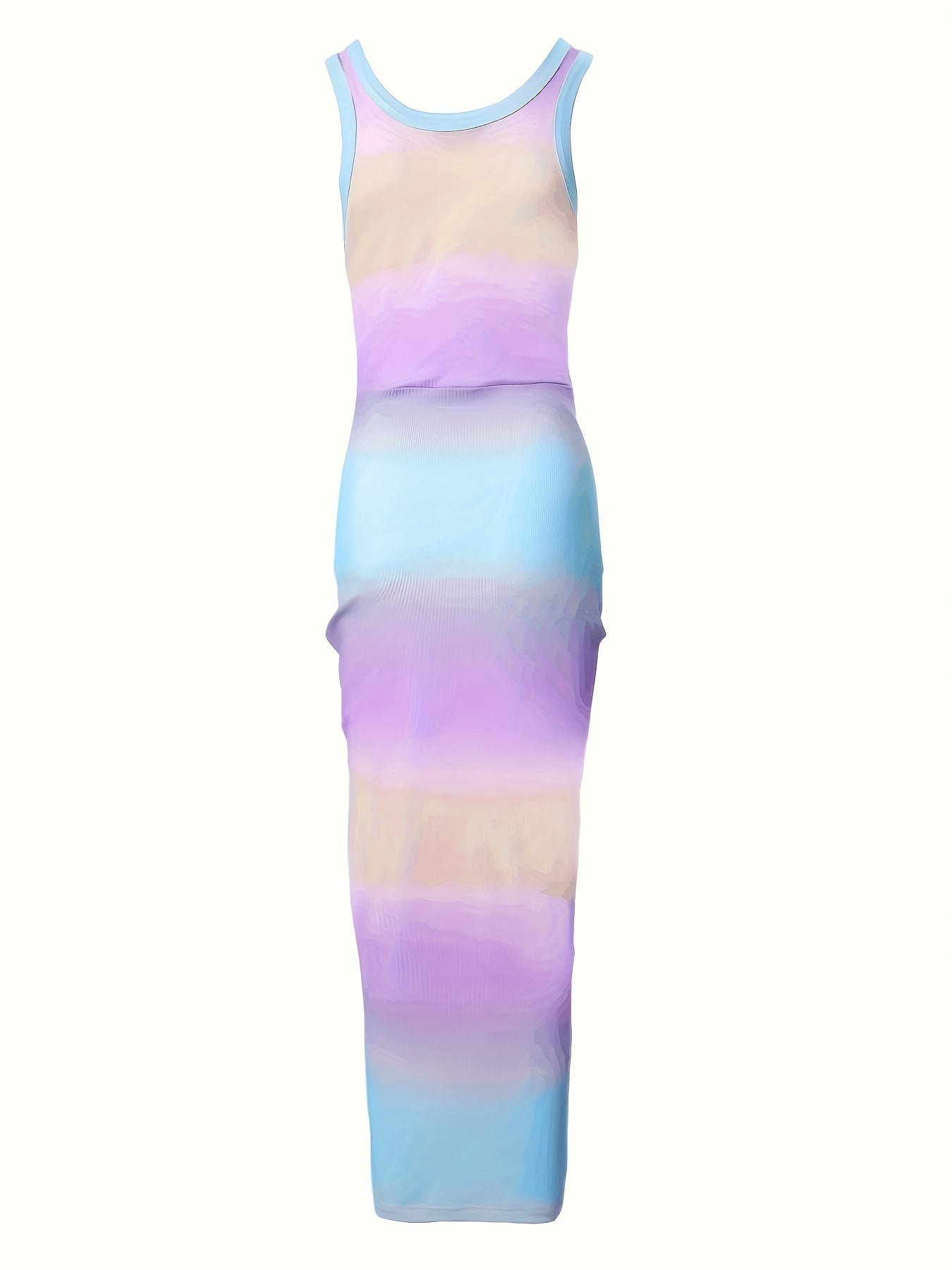 Farbverlauf und Kordelzug Sexy Ärmelloses Kleid mit Spaltsaum und Rundhalsausschnitt