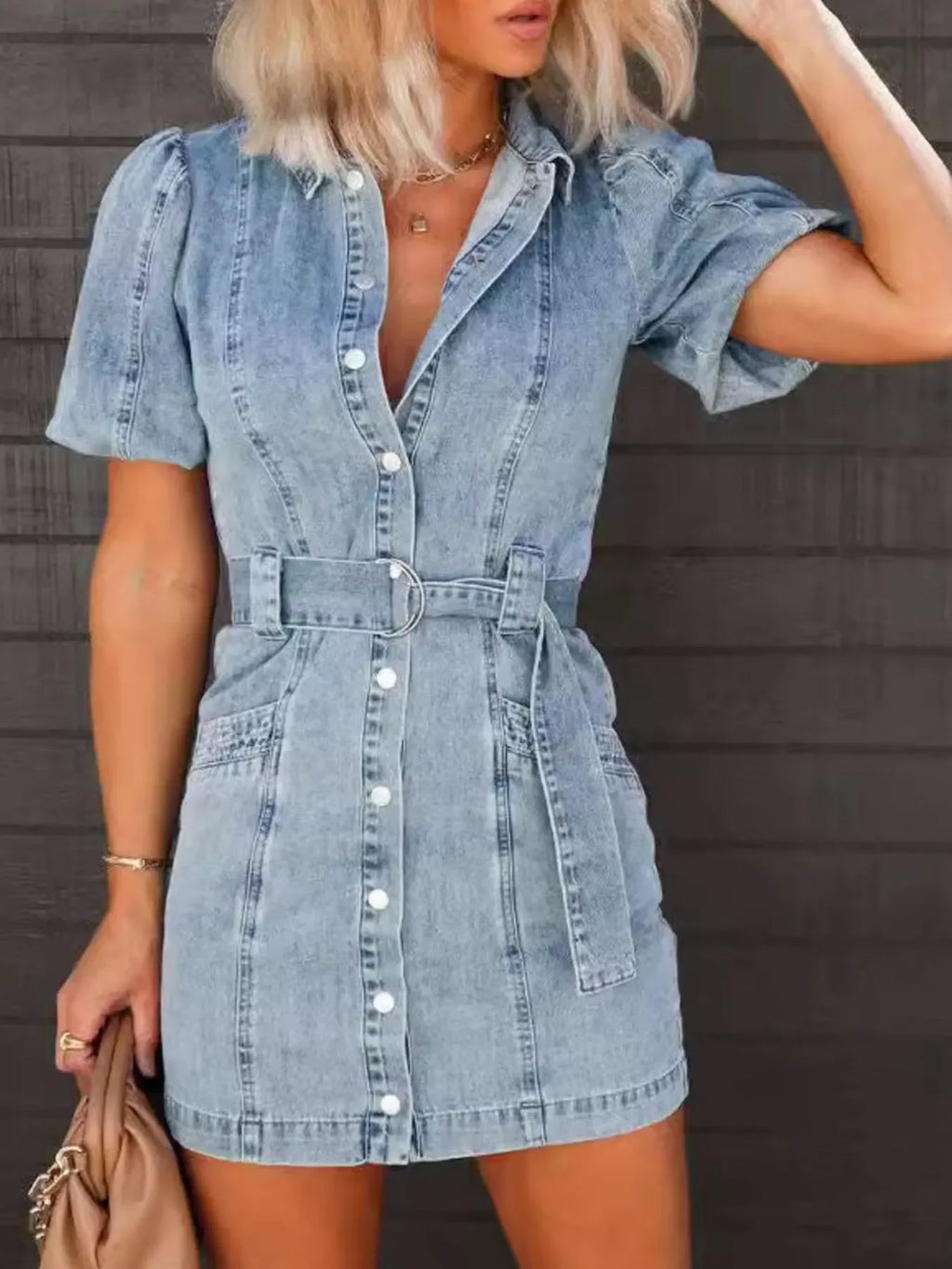 Button-Up Puff Sleeve Denim Shirt Dress - tif-shop24.de
