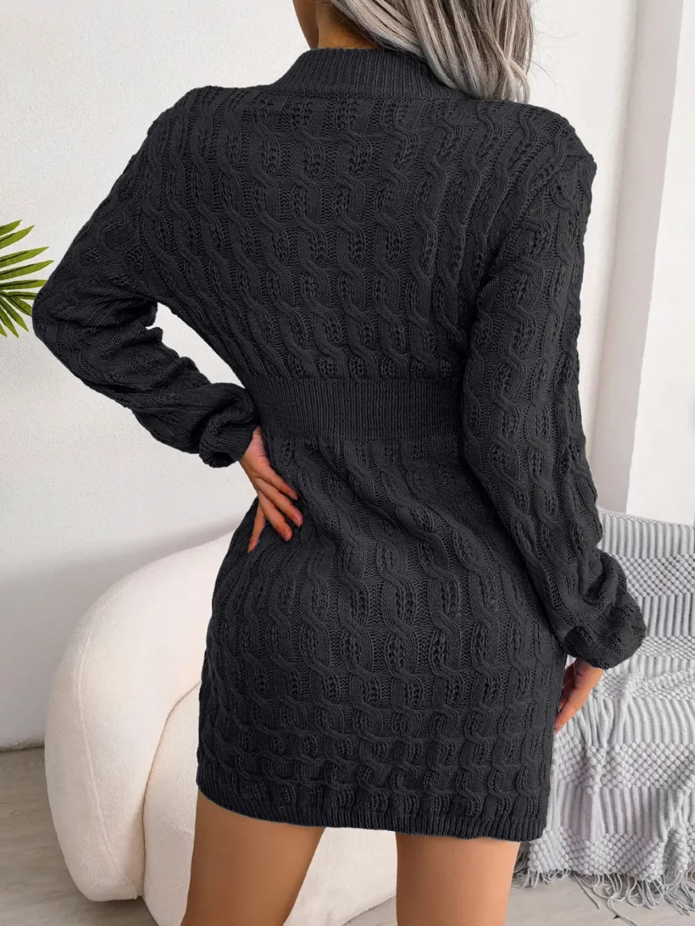 Cable-Knit Round Neck Mini Wrap Sweater Dress - tif-shop24.de