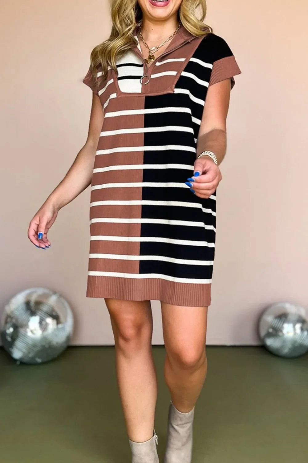 Striped Quarter Zip Cap Sleeve Sweater Dress - tif-shop24.de