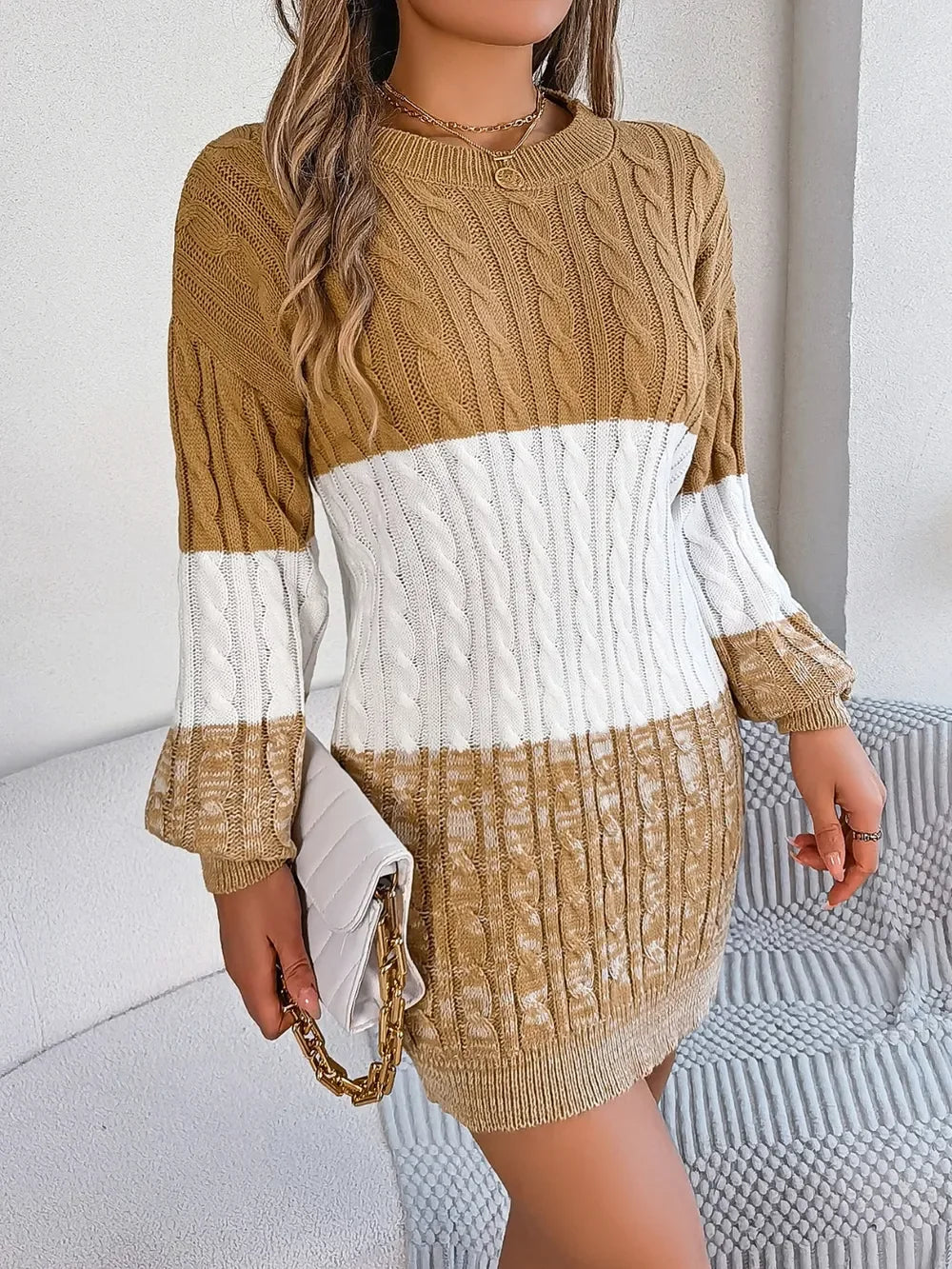 Cable-Knit Round Neck Color Block Sweater Dress - tif-shop24.de