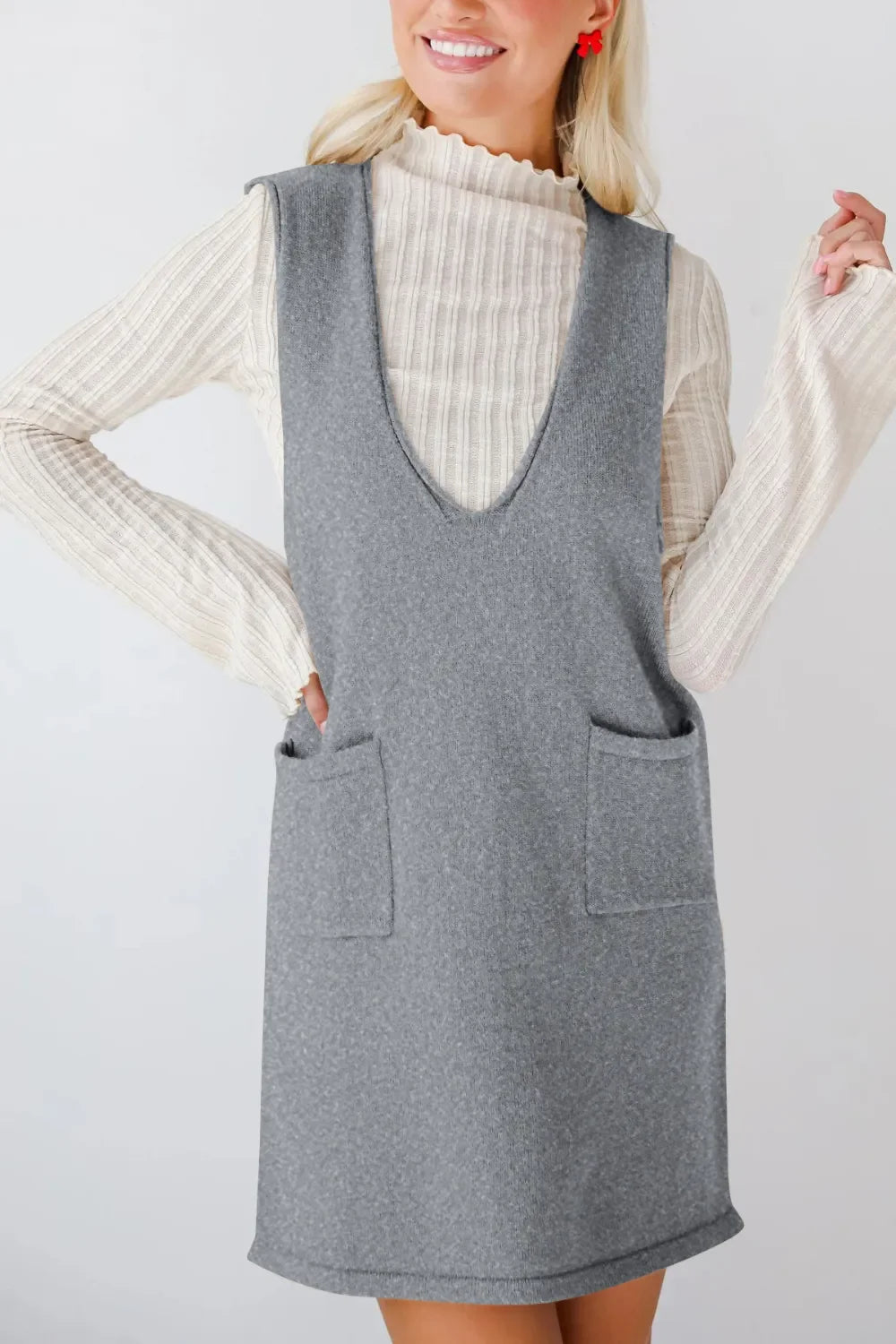 Lovelet Pocketed V-Neck Mini Sweater Overall Dress - tif-shop24.de