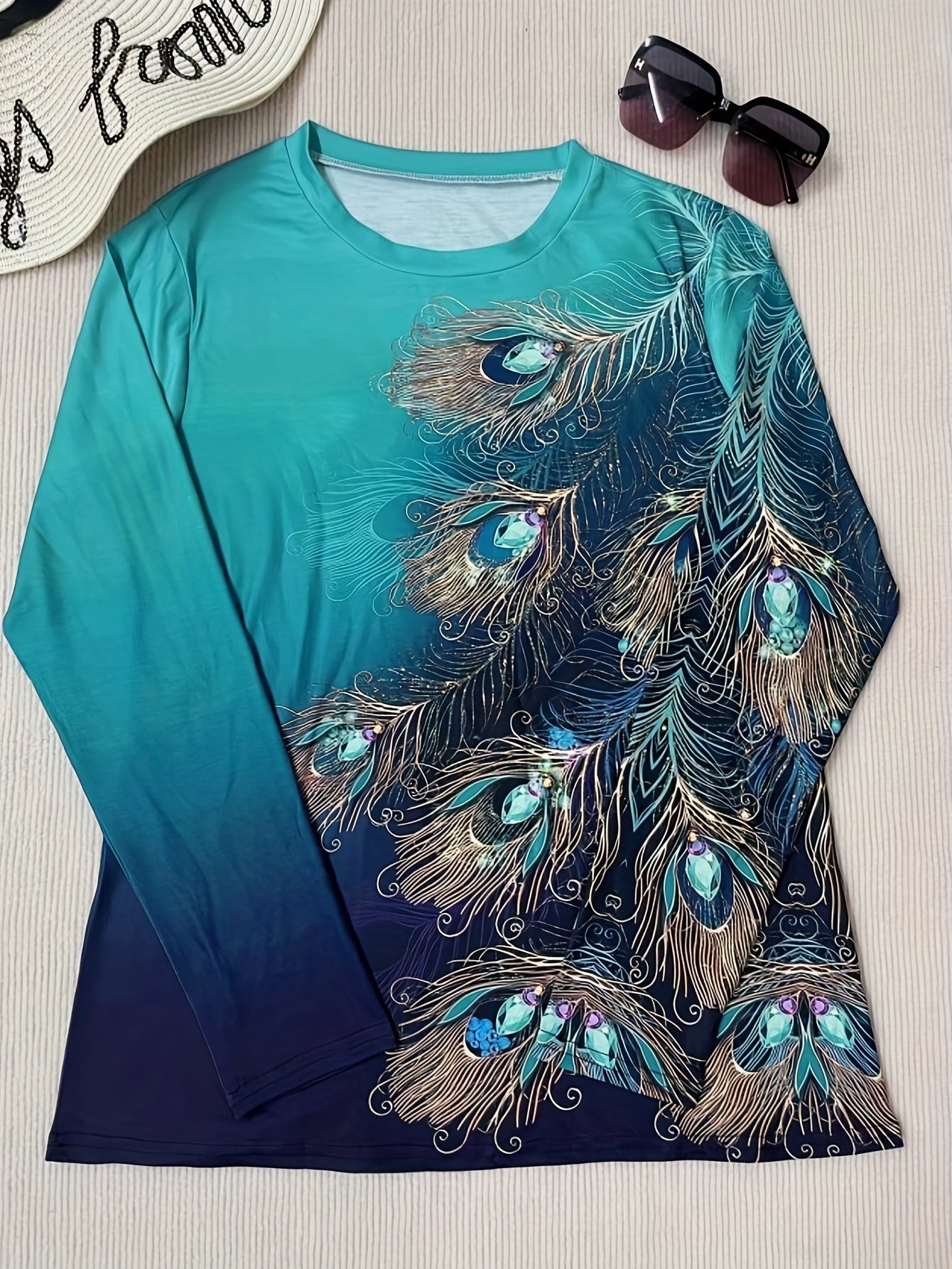 Feather Print Crew Neck T-Shirt Lässiges Langarm-T-Shirt