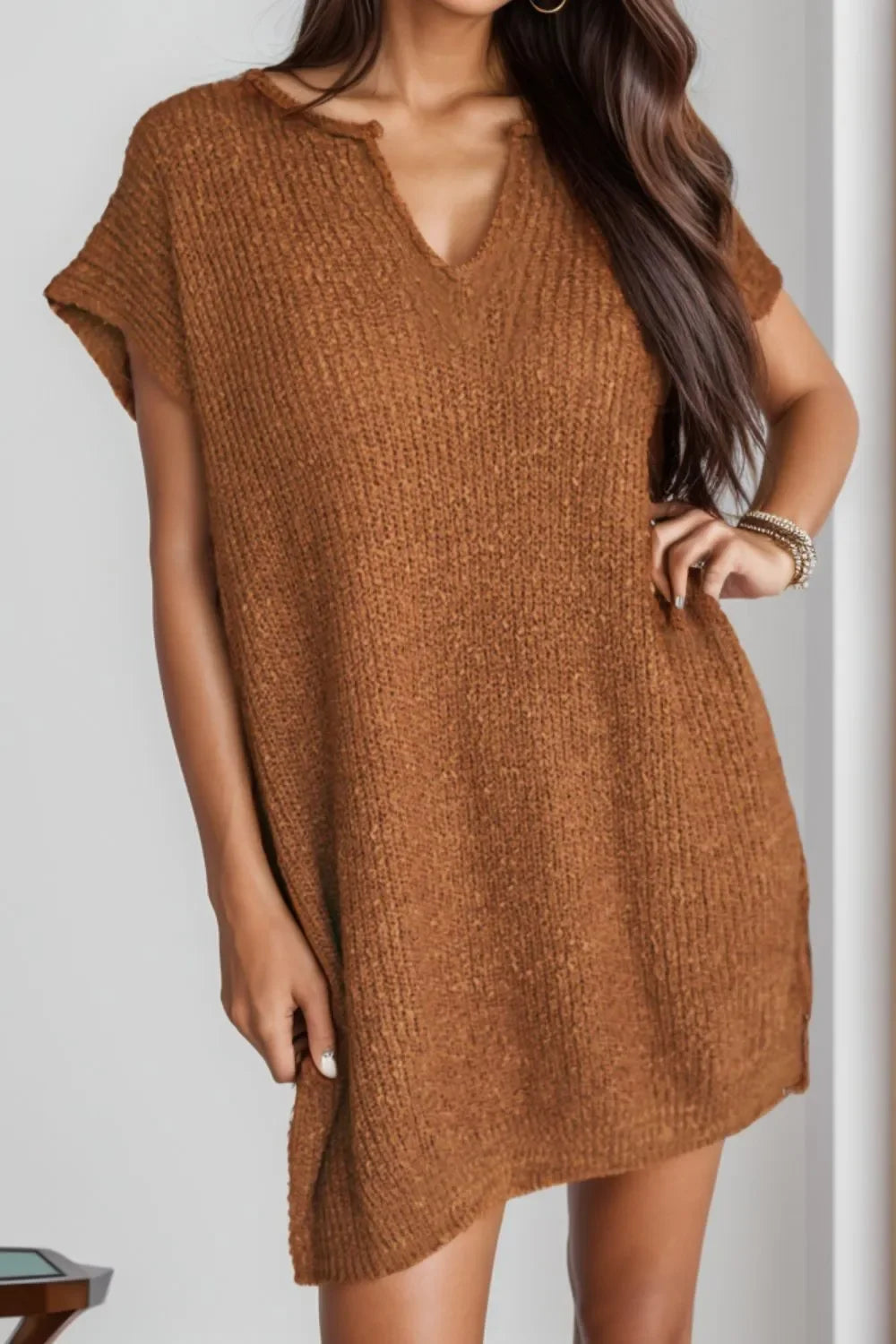 Notched Cap Sleeve Mini Sweater Dress - tif-shop24.de