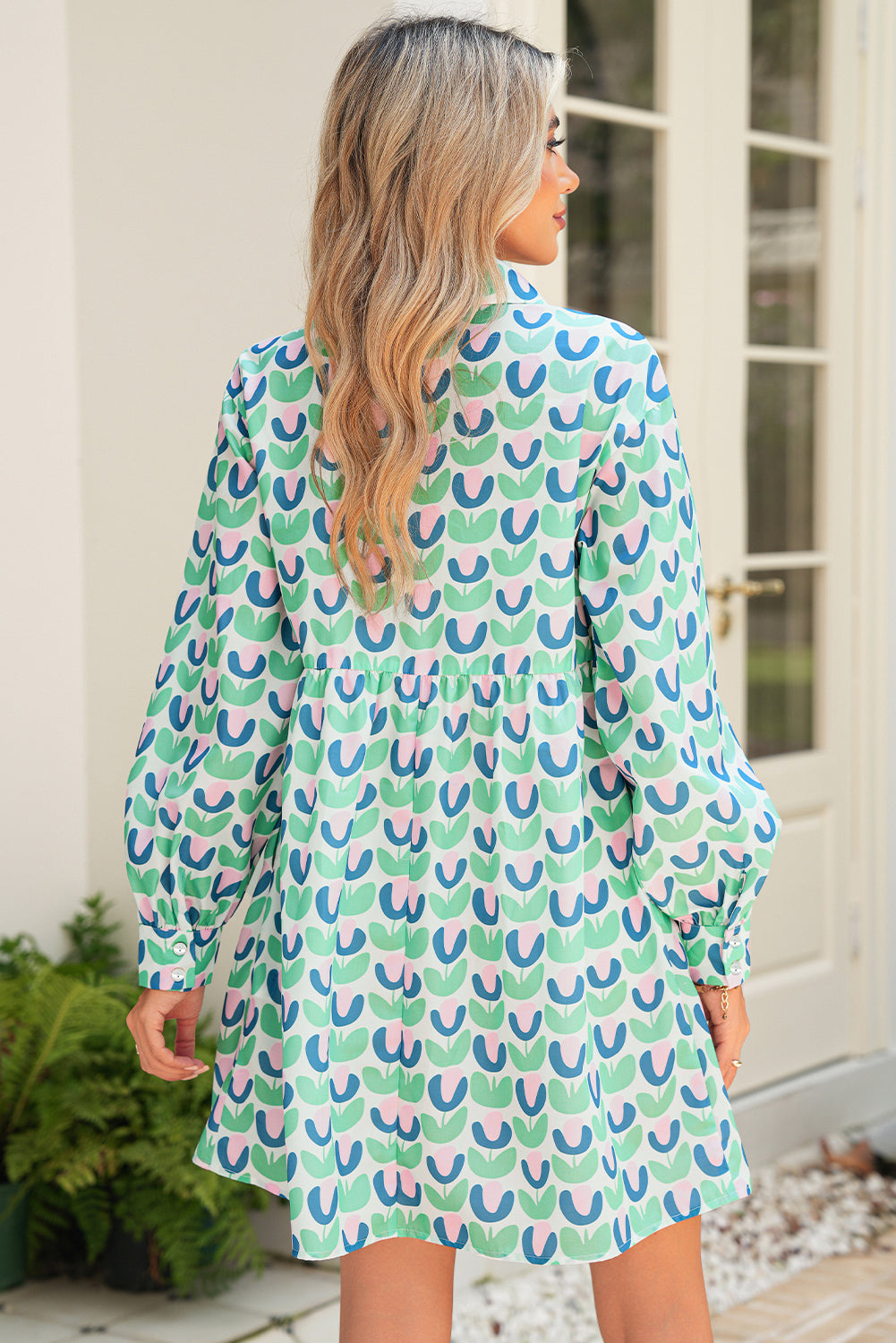 Green Floral Print Scallop Trim Pocket Mini Dress