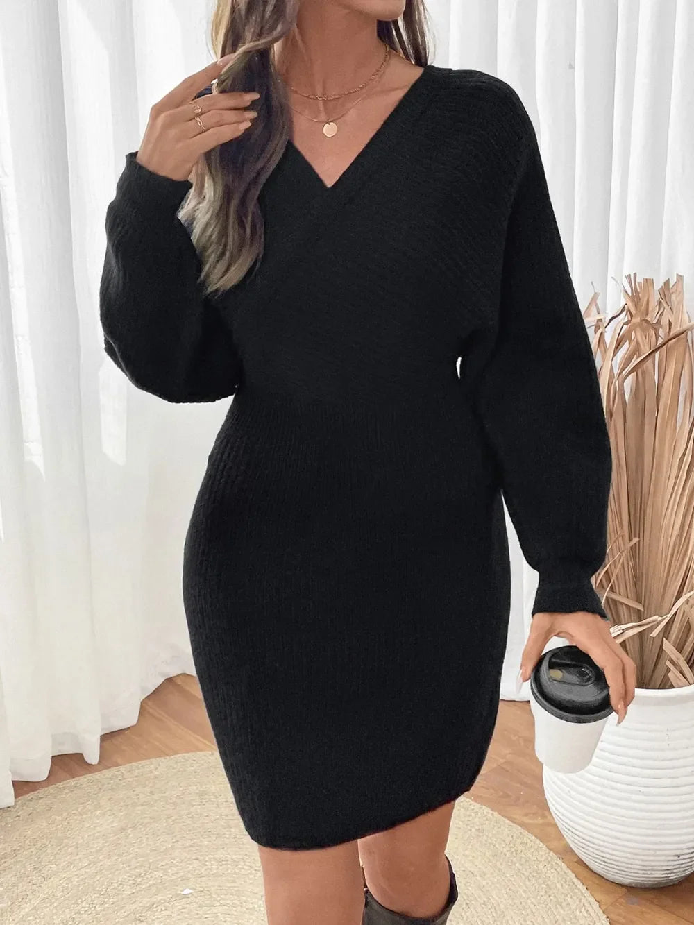 Perfee Surplice Long Sleeve Sweater Dress - tif-shop24.de