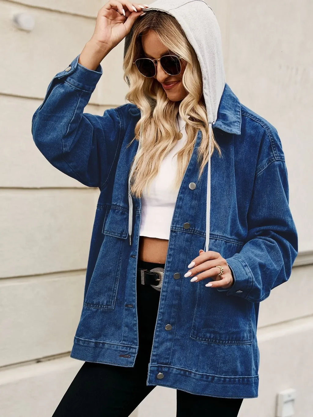Oversized Button Up Denim Jacket with Hood - tif-shop24.de