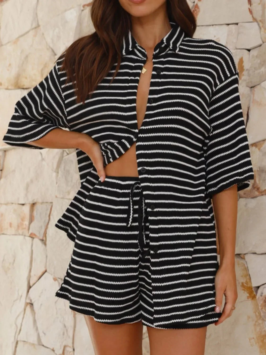 Striped Half Sleeve Top and Shorts Set - tif-shop24.de