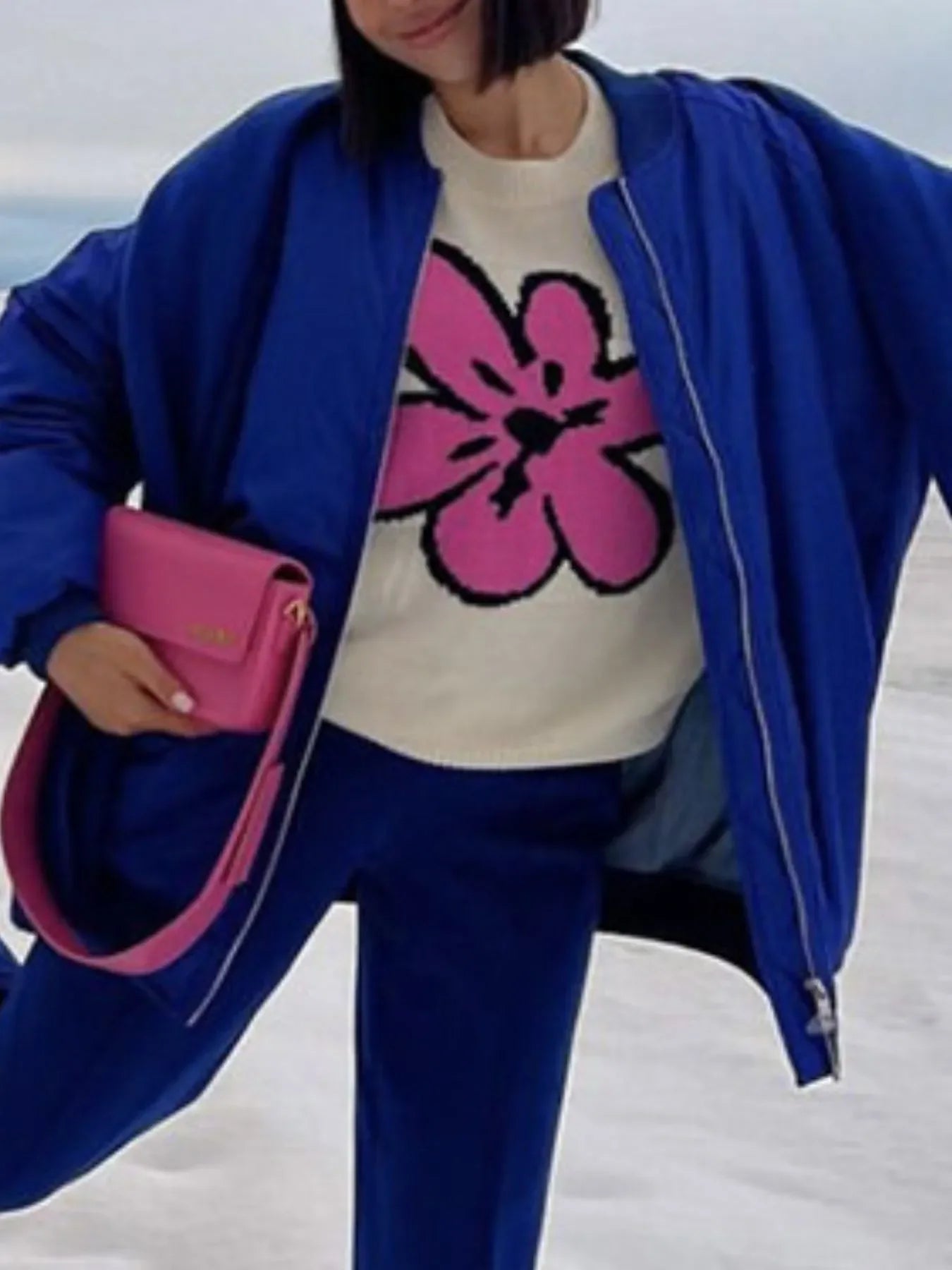 Flower Ribbed Hem Round Neck Sweater - tif-shop24.de