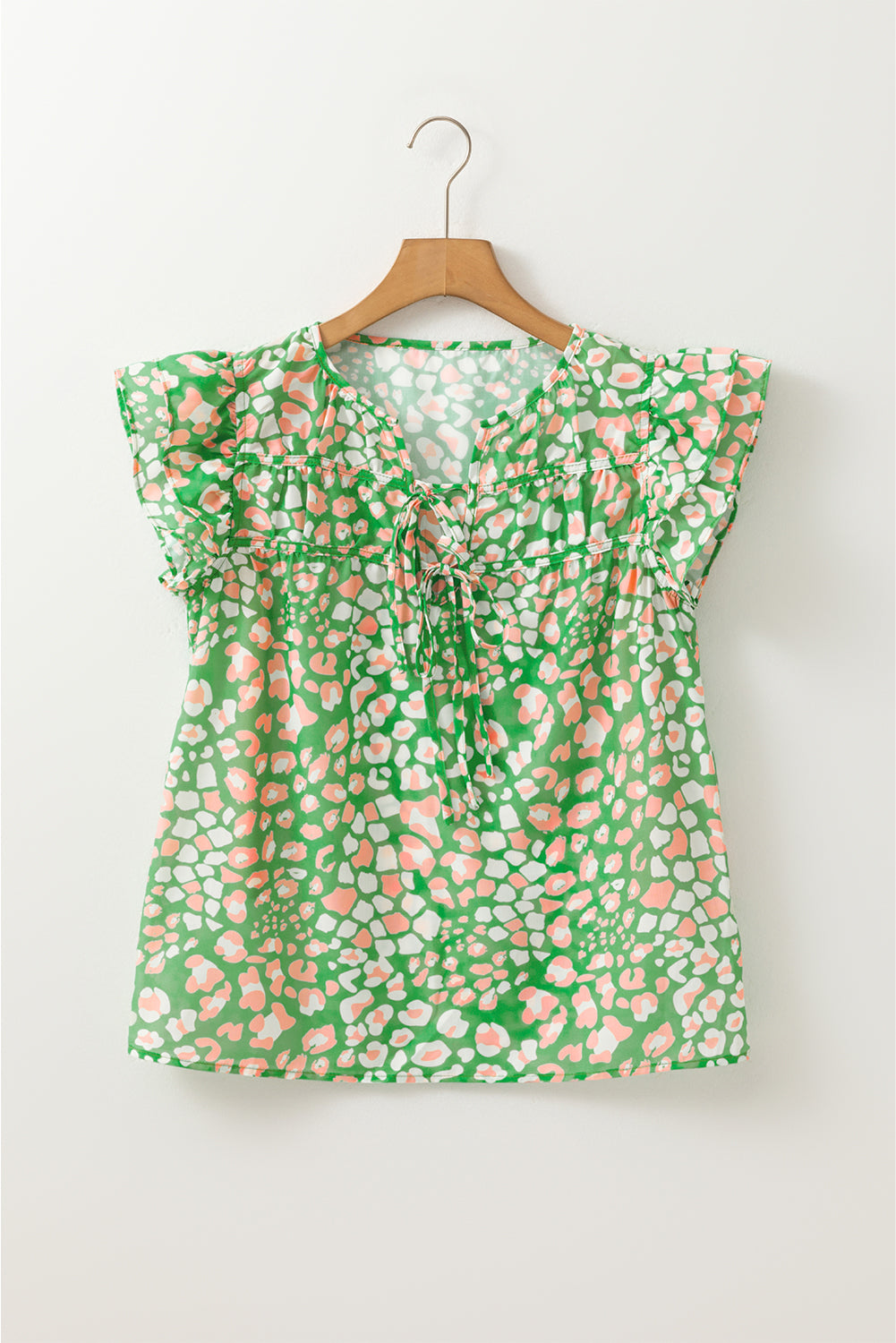 Green Abstract Leopard Tie Front Flutter Sleeve Blouse