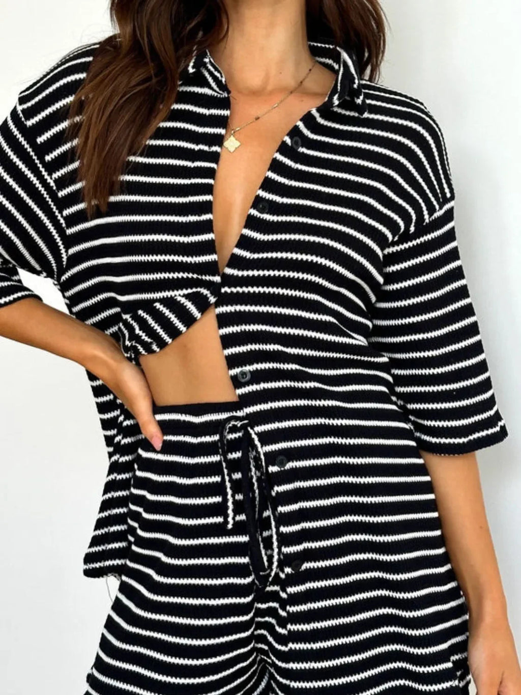 Striped Half Sleeve Top and Shorts Set - tif-shop24.de