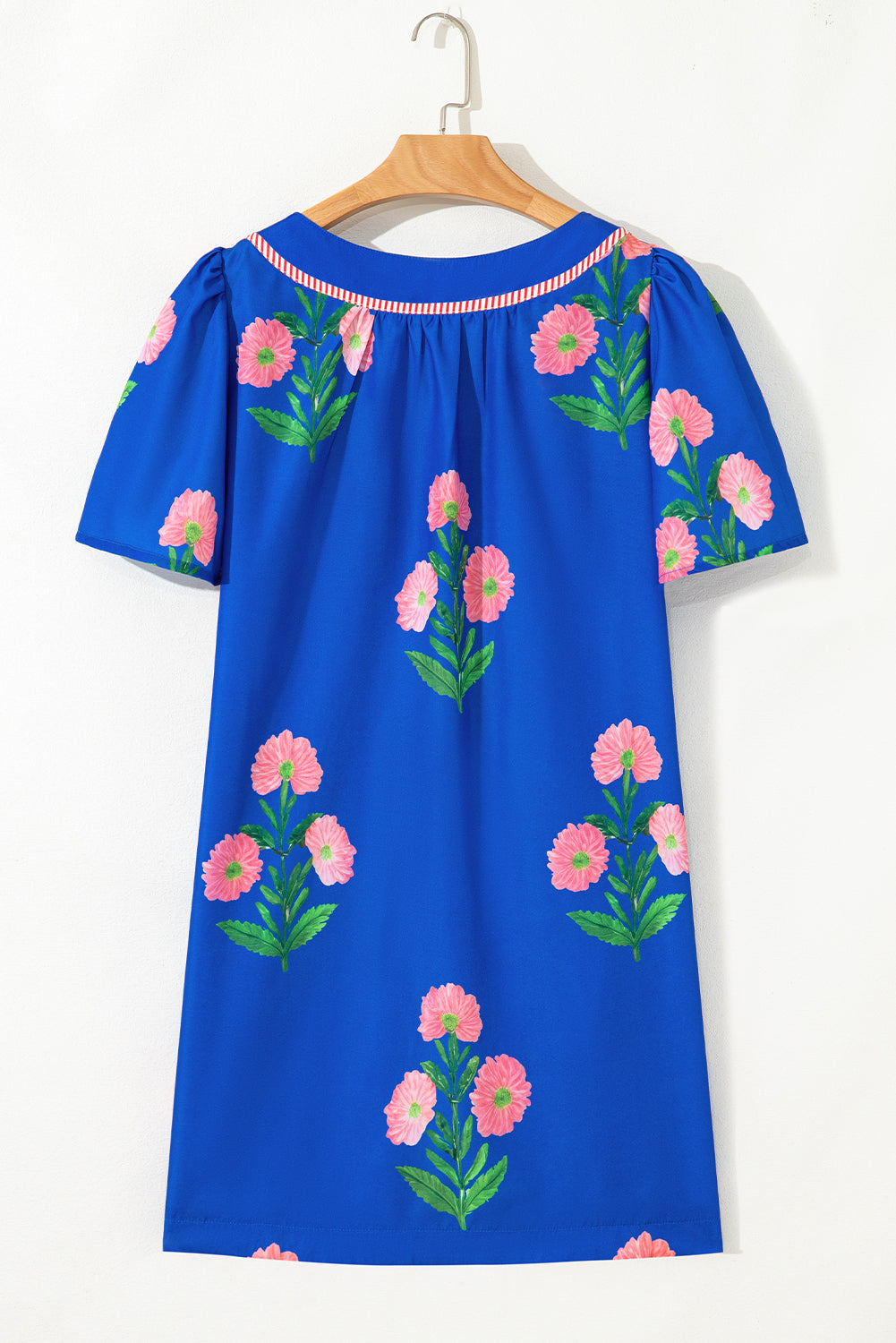 Blue Striped Trim Short Sleeve Split Neck Floral Mini Dress