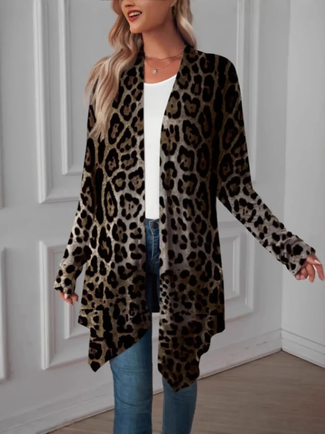 Leopard Print Long Open Front Cardigan - tif-shop24.de