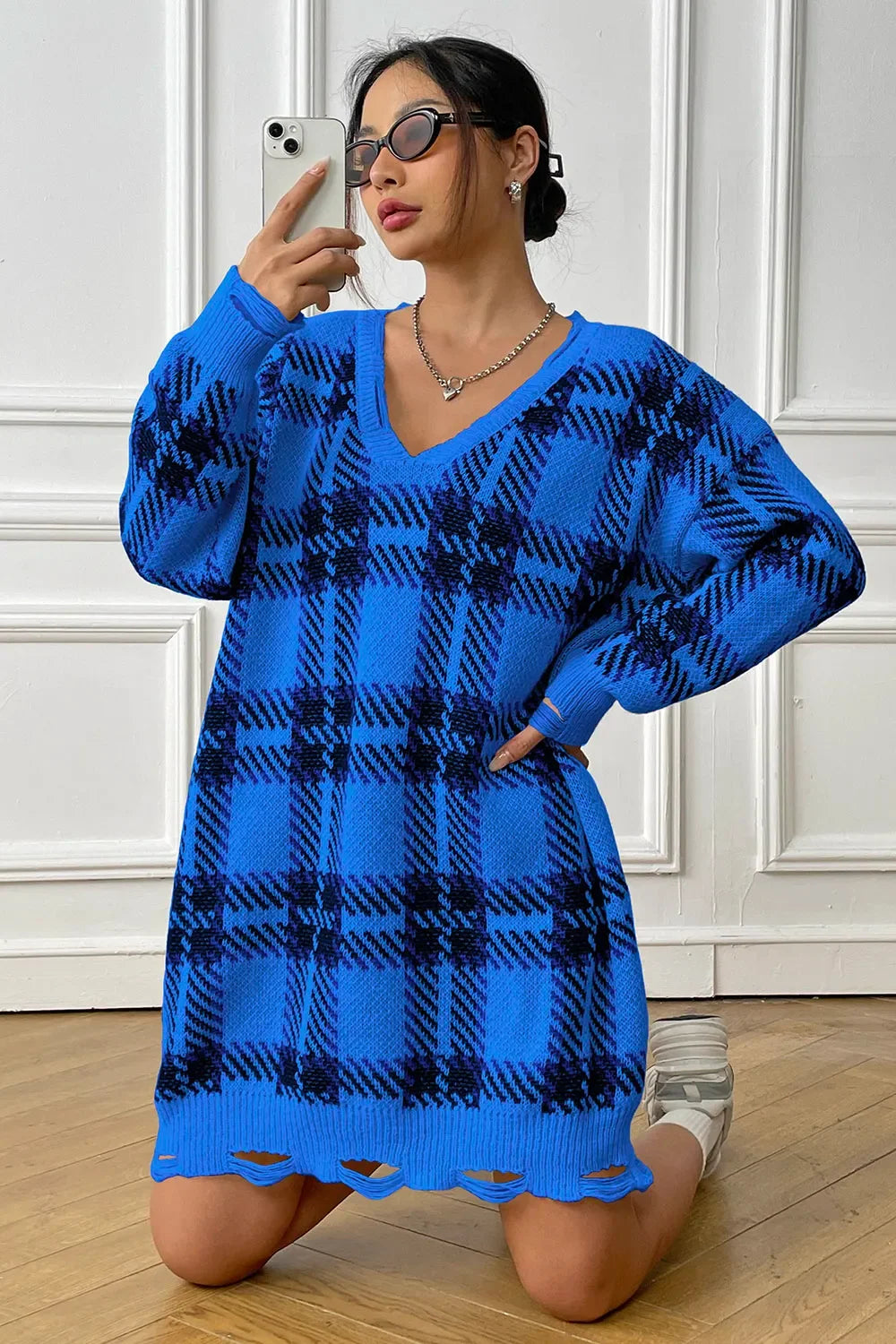 Plaid V-Neck Long Sleeve Sweater Dress - tif-shop24.de