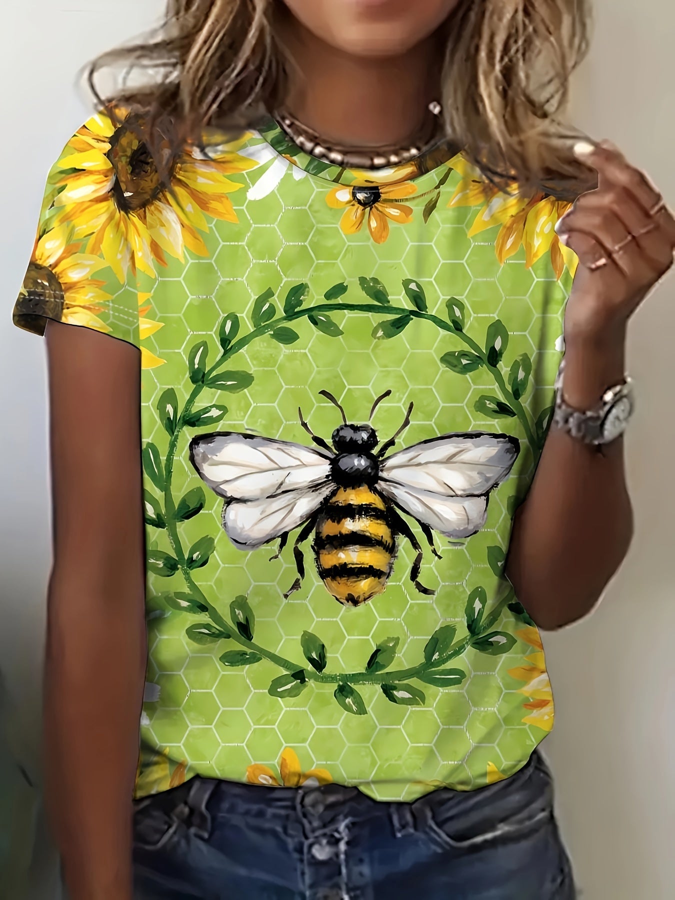 Bee & Floral Print T-Shirt, Lässiges Kurzarm-Crewneck-Top Für Frühling & Sommer