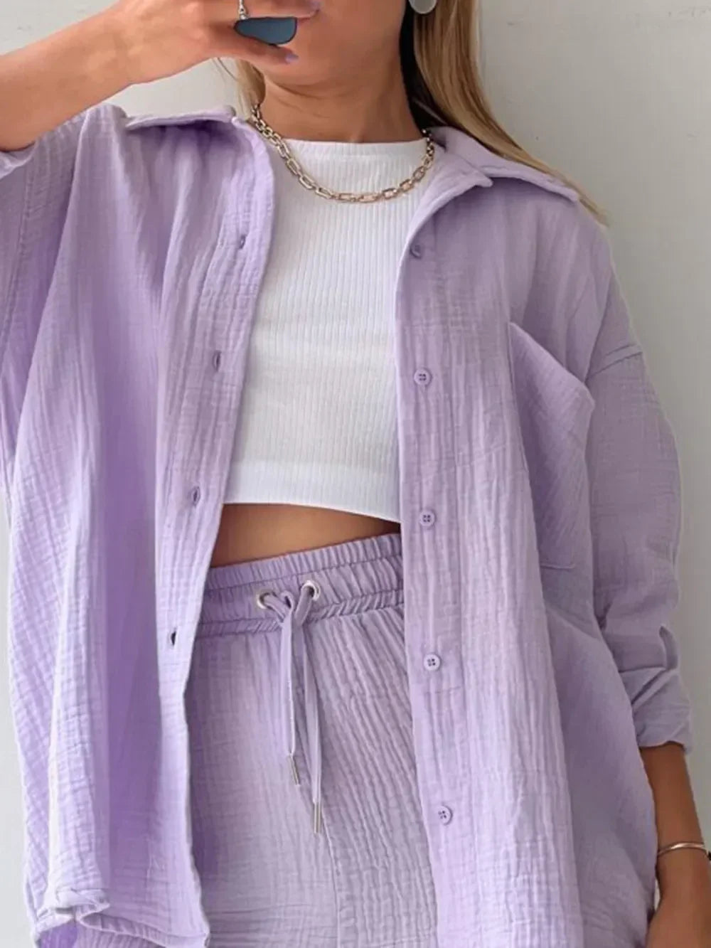 Texture Button Up Shirt and Drawstring Shorts Set - tif-shop24.de