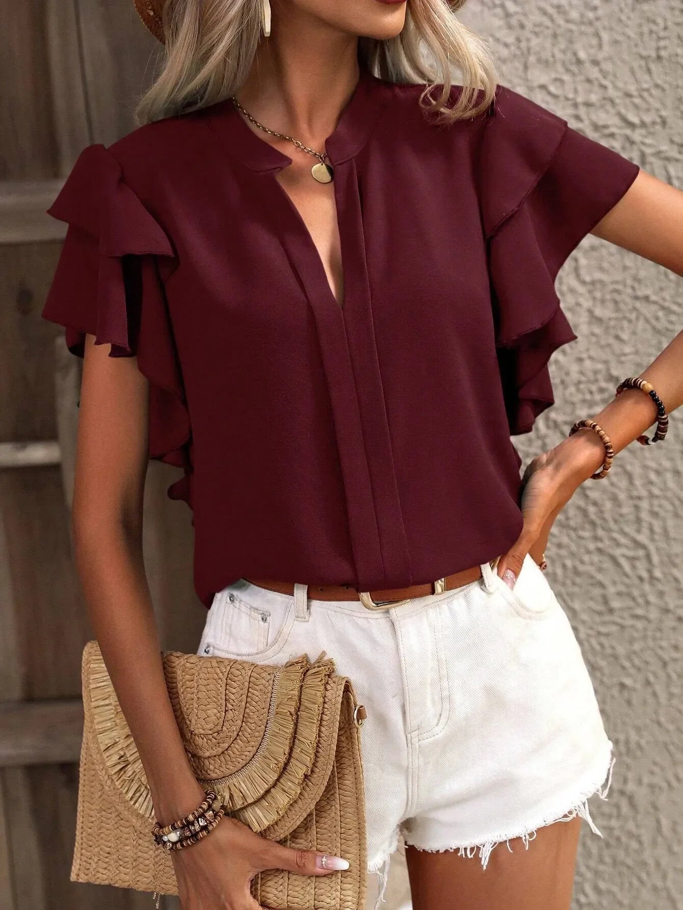 Ruffle Sleeve Notched Blouse - tif-shop24.de