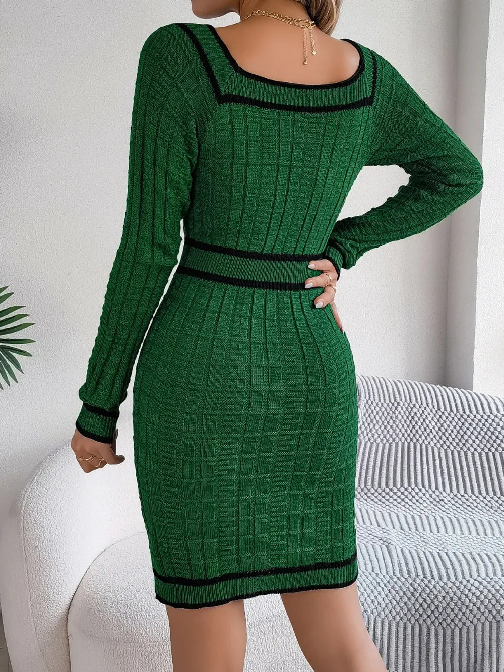 Contrast Trim Long Sleeve Sweater Dress - tif-shop24.de