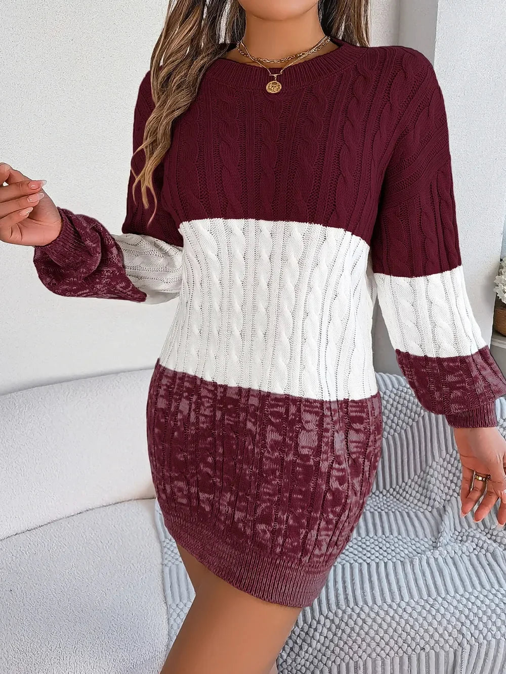 Cable-Knit Round Neck Color Block Sweater Dress - tif-shop24.de