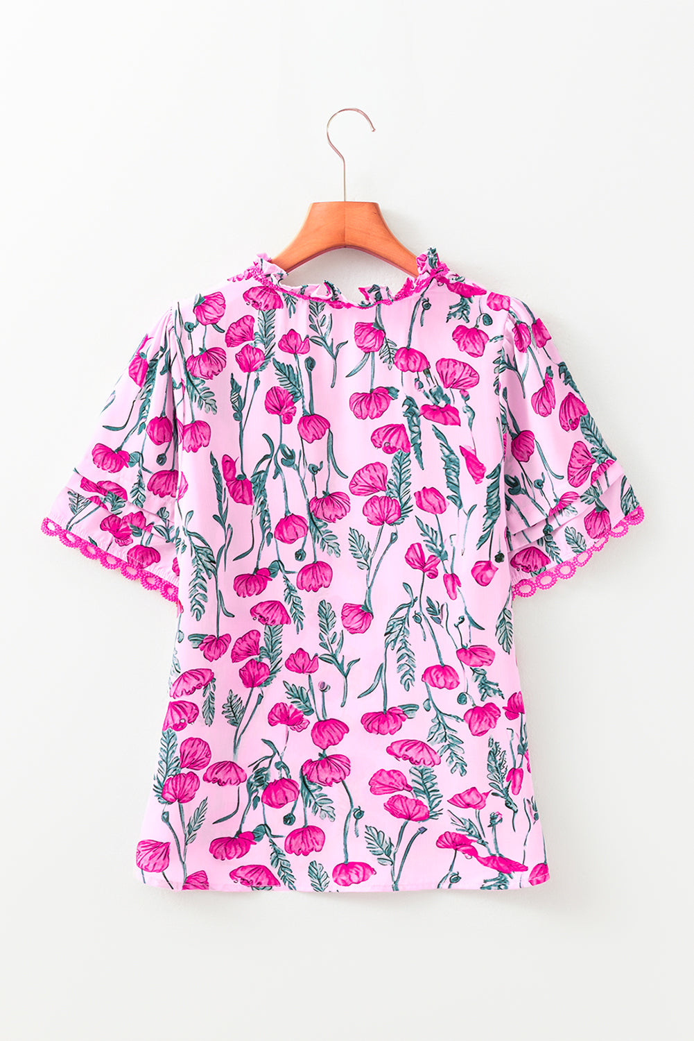 Pink Floral Print Lace Detail Frill V Neck Blouse